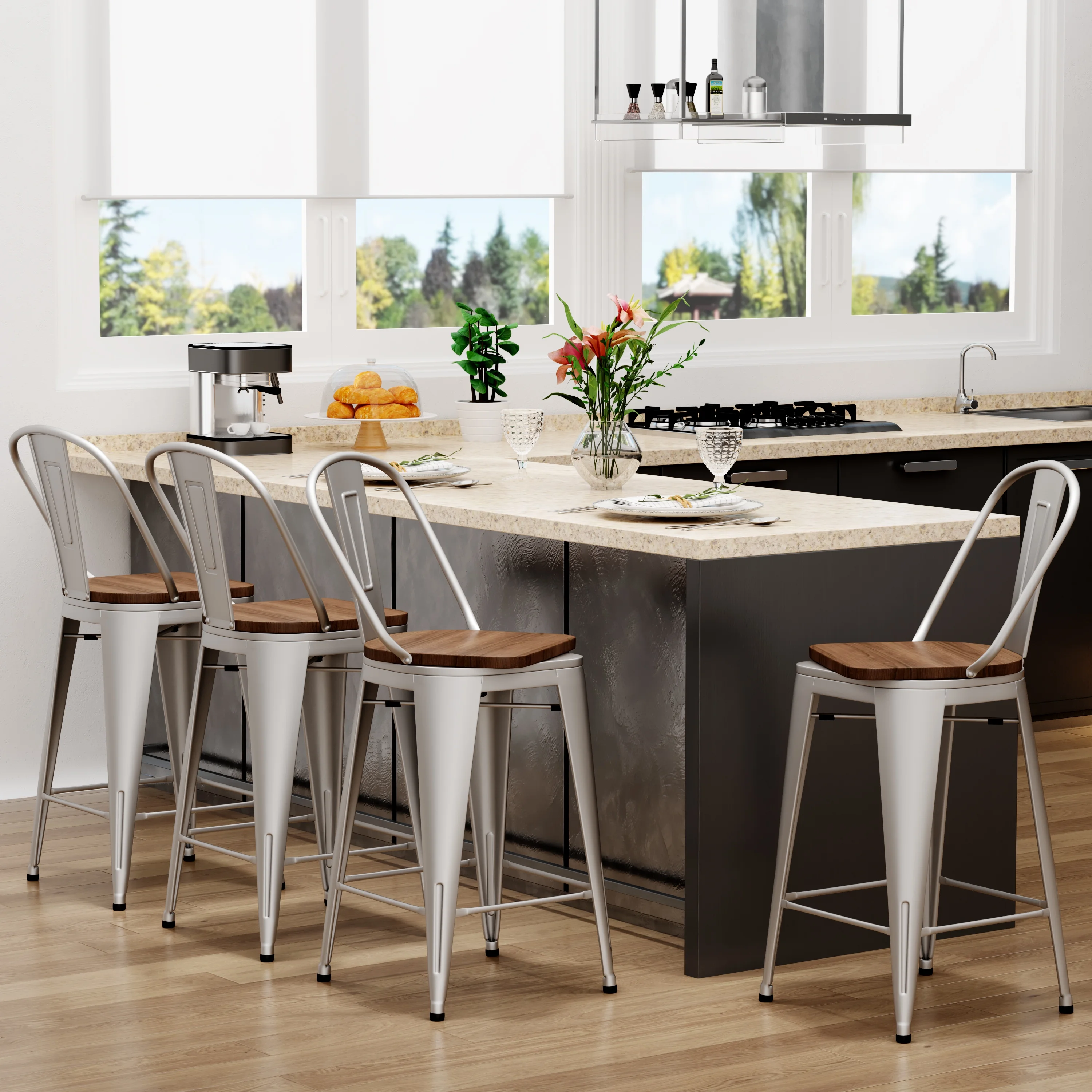 Andeworld Swivel Metal Bar Stools with Backs Counter Stools Set of 4 Counter Height Stools High Back Bar Chairs 24 Inches Bar Stools Farmhouse Silver