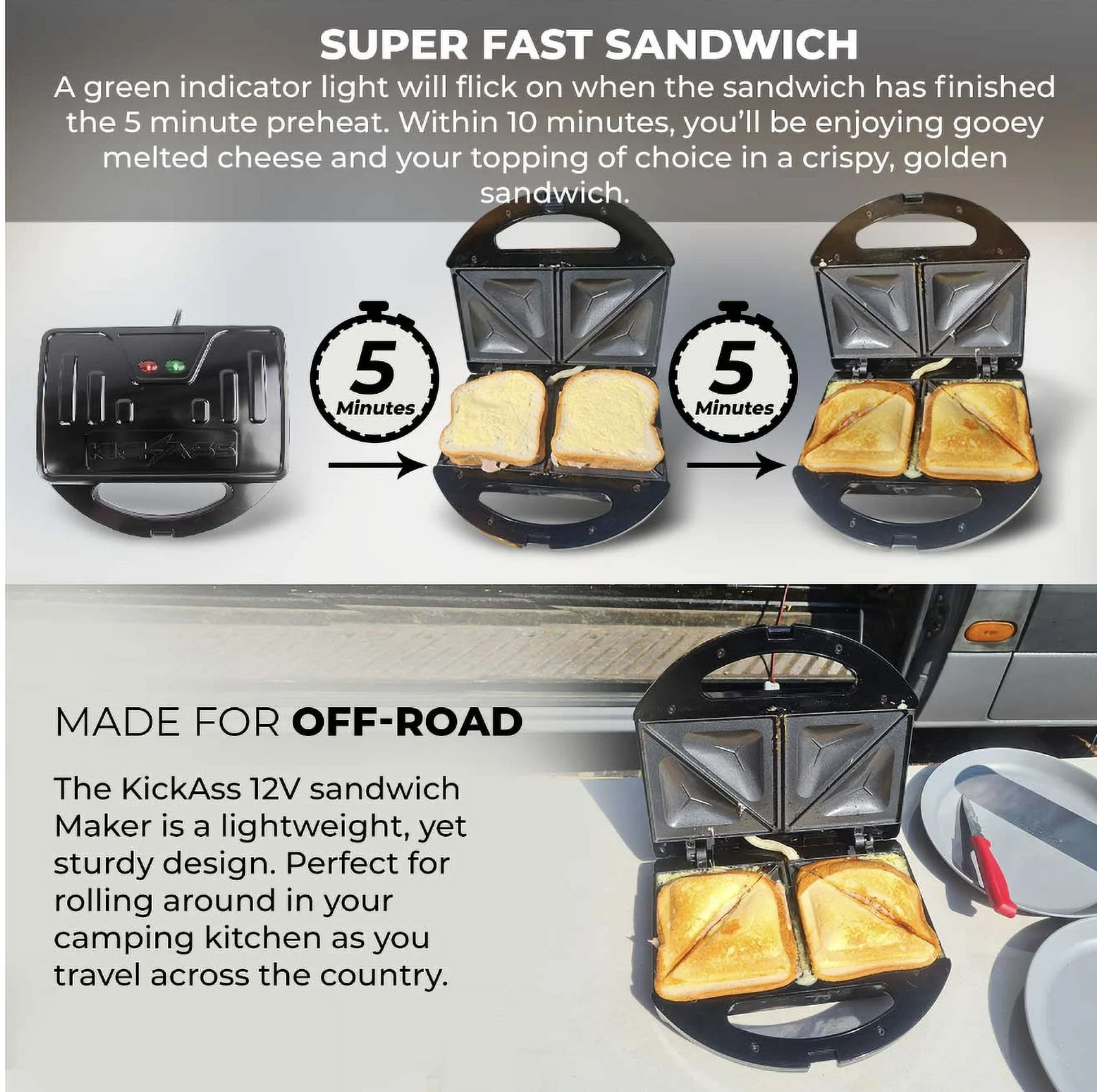 KickAss 12V Griddle Grilled Toasted Sandwich Maker for Camp Kitchens
