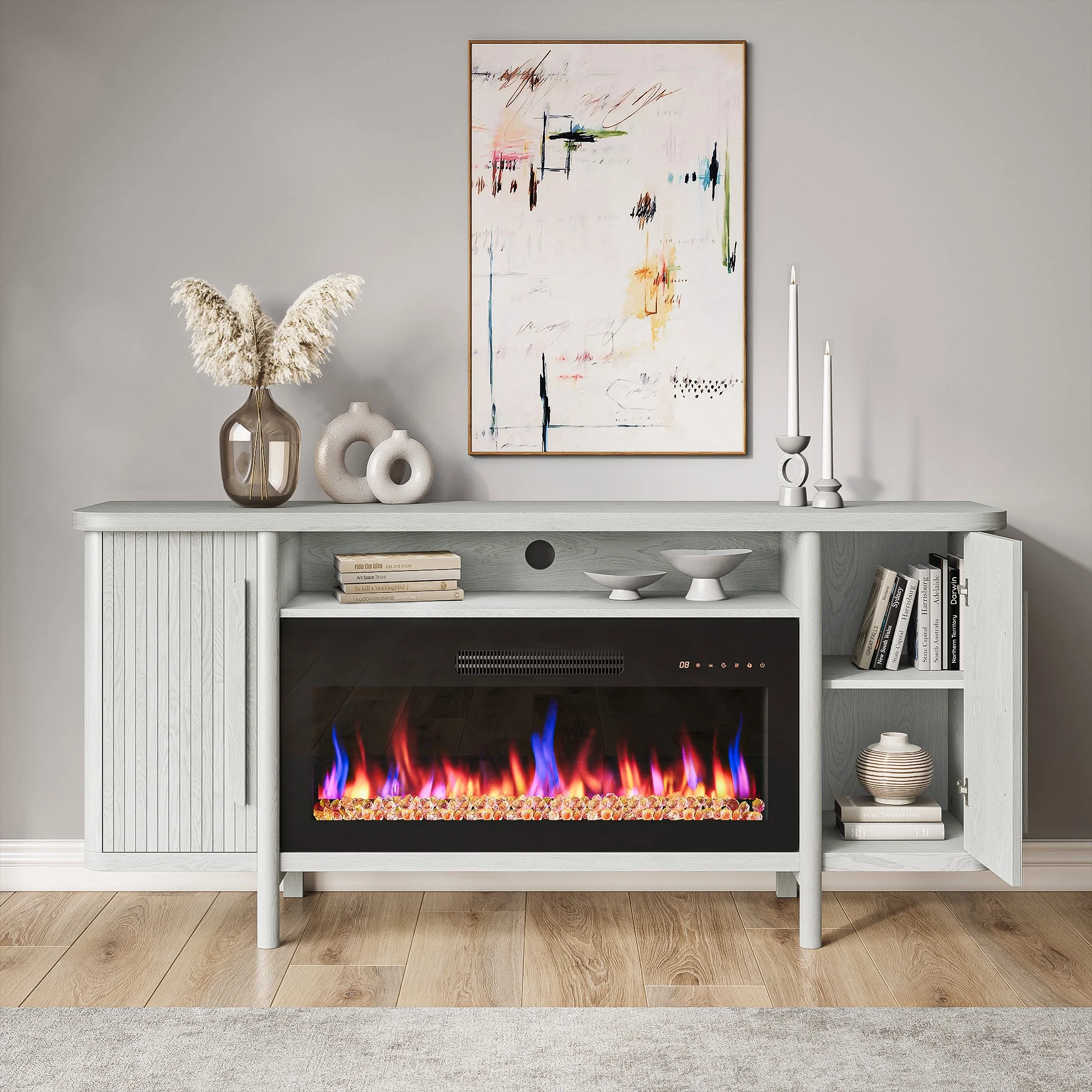 BELLEZE 66' TV Stand with 36' Electric Fireplace, Wood Console Table for TVs up to 75 Inches, Entertainment Center with Storage Cabinets for Living Room, Bedroom - Portman (White Sand)