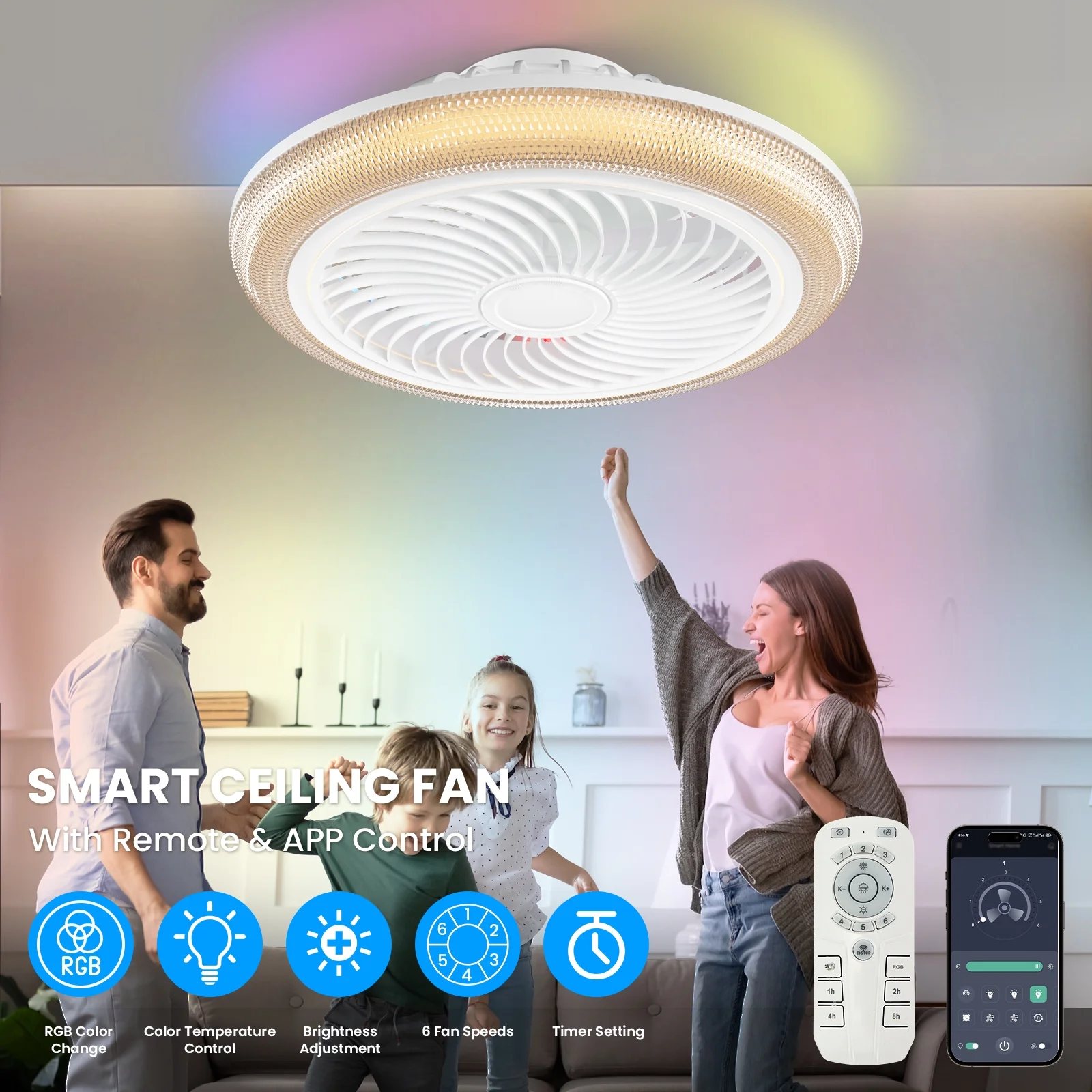 BLITZWILL 18' Ceiling Fan with Lights, With RGB Back Ambient Light,Remote & APP Control,Dimmable Color Temperature and 6 Wind Speeds & Timing,Bladeless Enclosed Ceiling Fans
