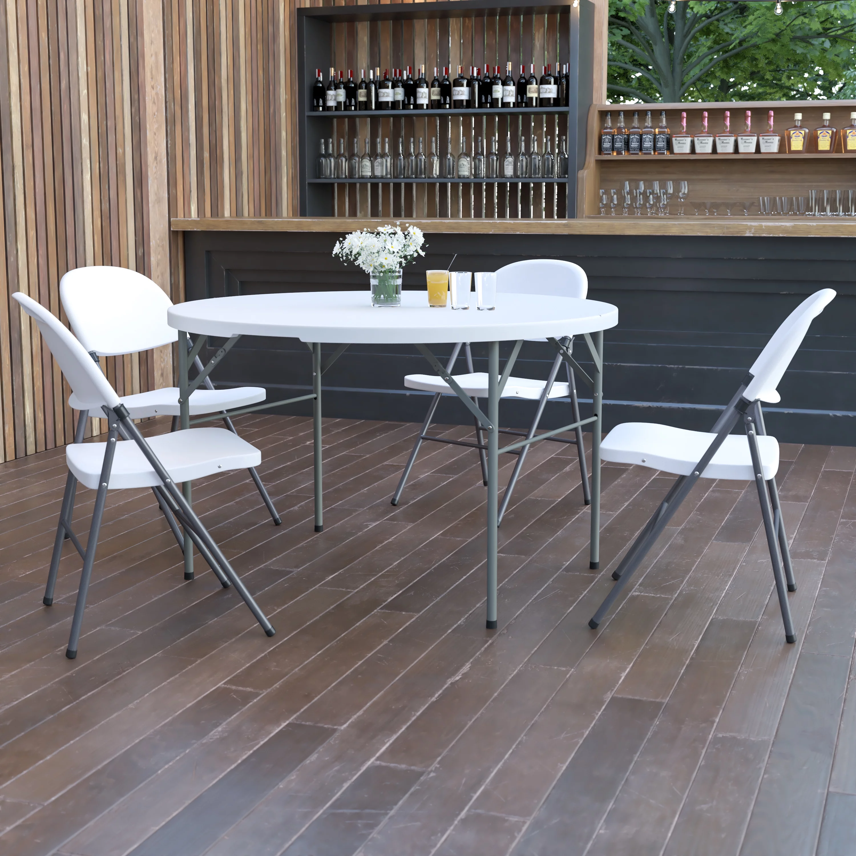 Emma + Oliver 4-Foot Round Bi-Fold Granite White Plastic Event Folding Table with Handle
