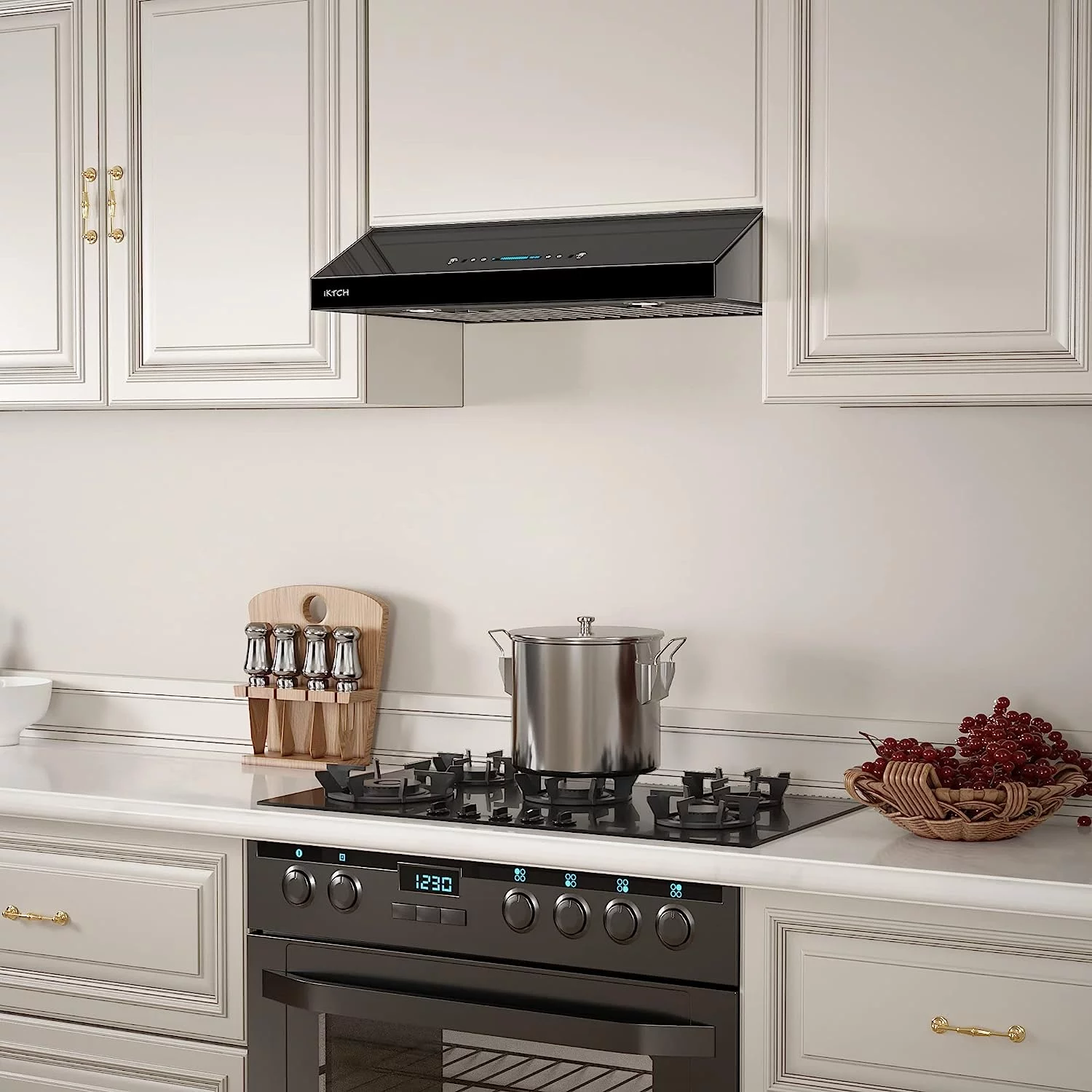 IKTCH Upgrated 30'Under Cabinet Range Hood, 900 CFM Ducted Range Hood with 4 Speed Fan, Black Stainless Steel & Tempered Glass Range Hood 30 inch with Gesture Sensing&Touch Control