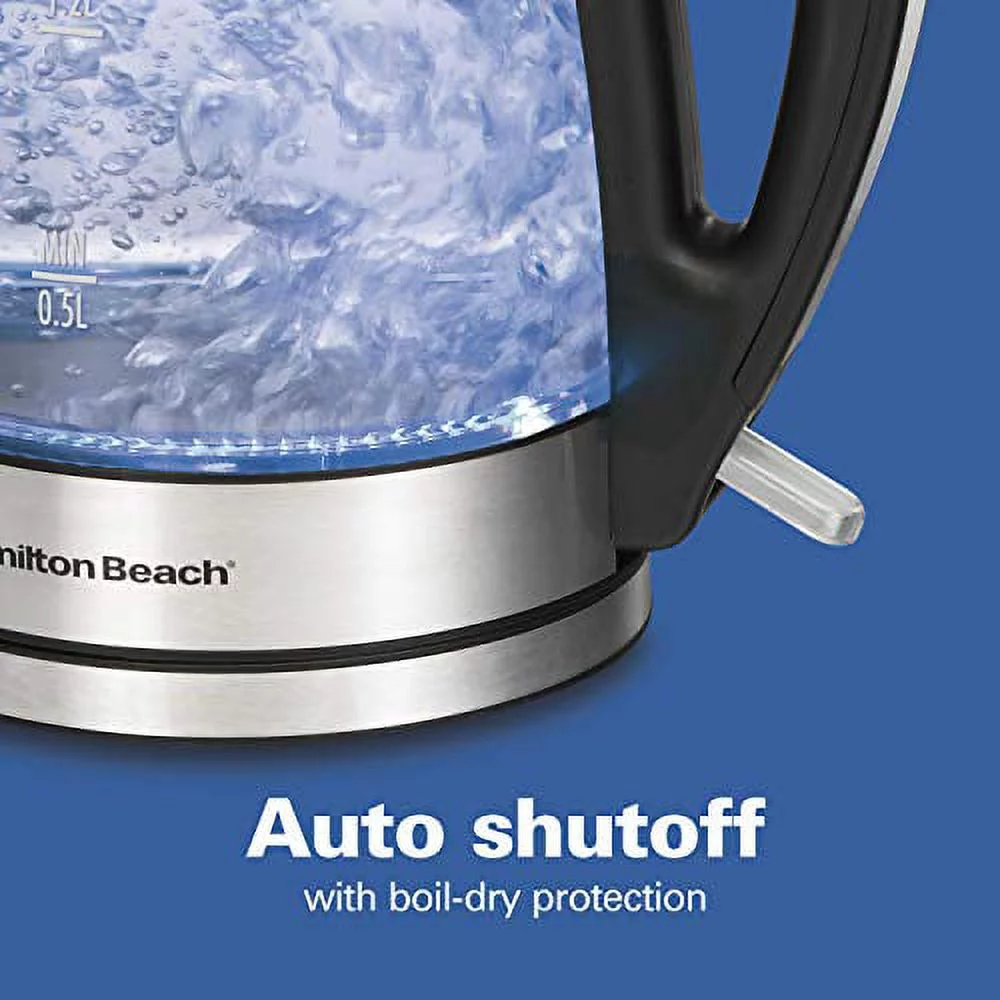 Hamilton Beach Glass Electric Tea Kettle, Water Boiler & Heater, 1.7 L, Cordless, LED Indicator, Built-In Mesh Filter, Auto-Shutoff & Boil-Dry Protection (40864), Clear