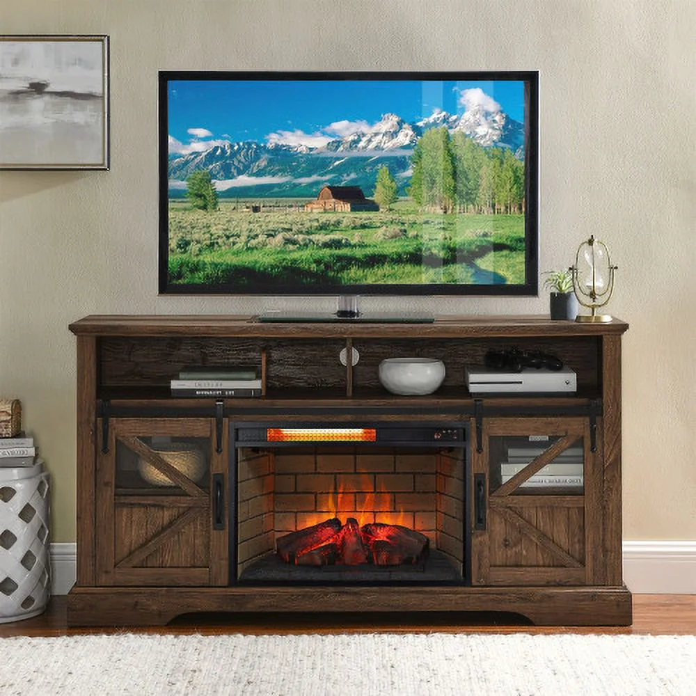 HestiNysus 26 inch infrared quartz heater fireplace insert -woodlog version with brick