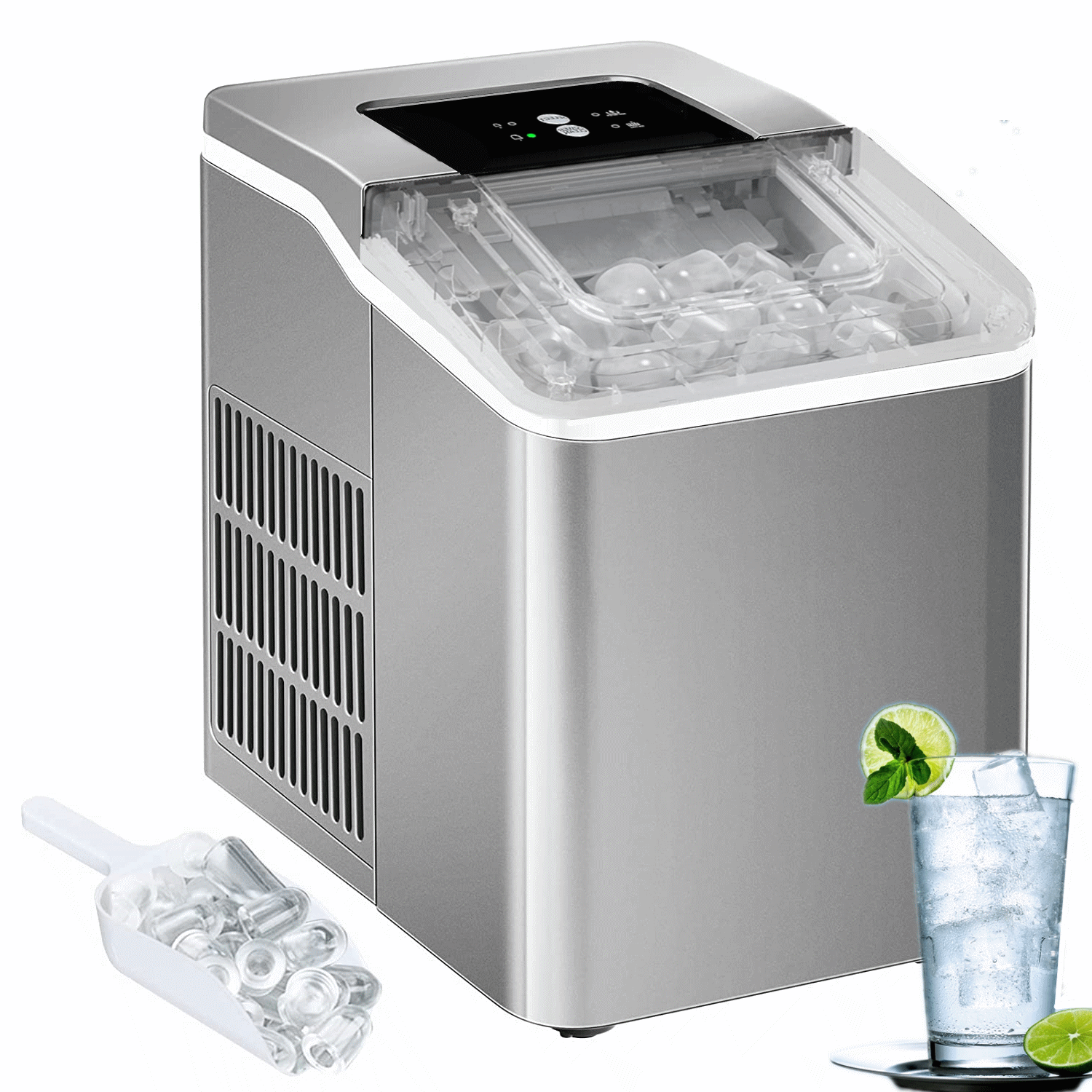 2 Ice Size Ice Maker Machine Countertop, 28 lbs in 24 Hrs, 9 Cubes Ready in 5 Mins, Self-clean, 2 L, Silver