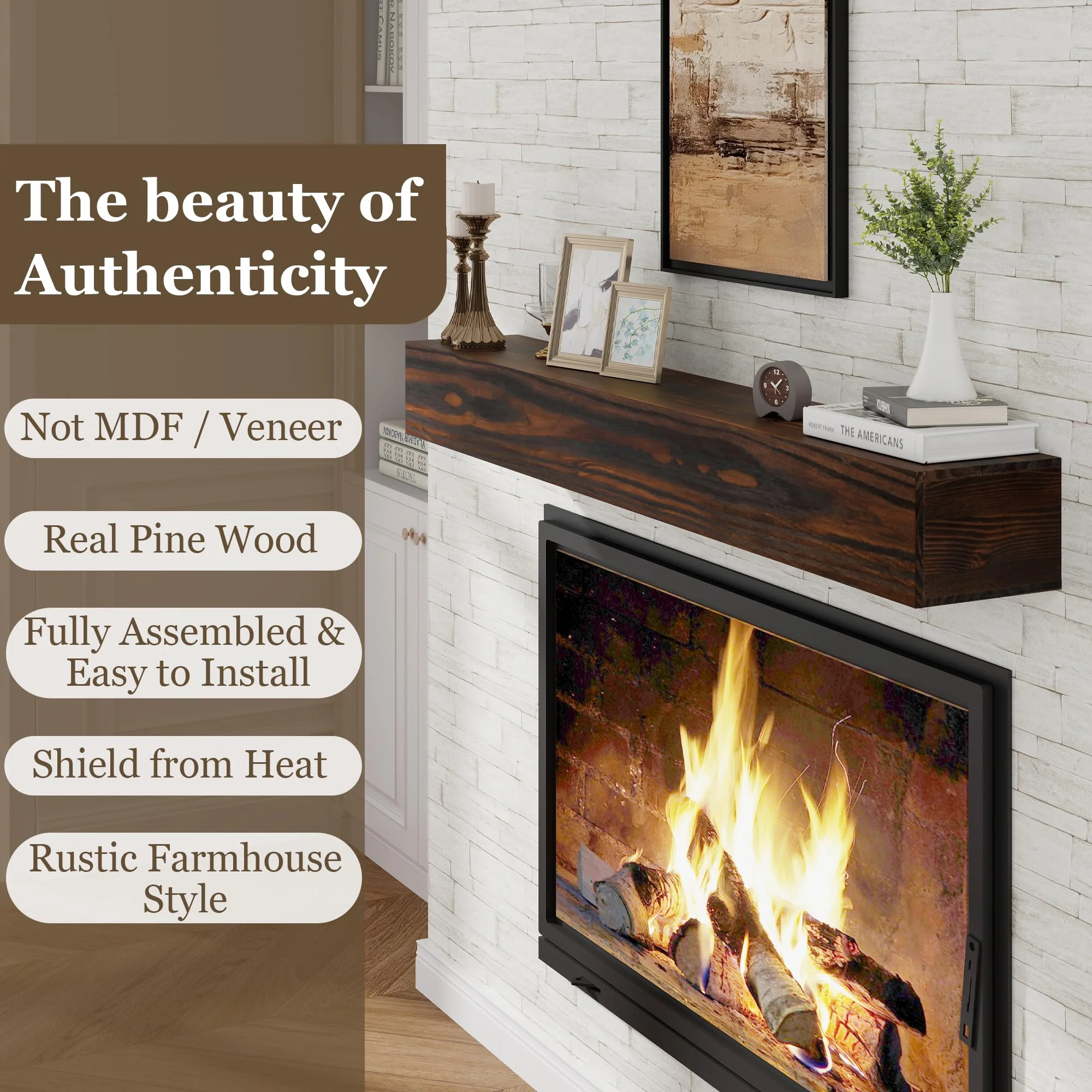 48in.Solid Wood Fireplace Mantel Wall Shelves Wall Mounted Floating Shelf 48'W x 6'H x 8'D, Espresso