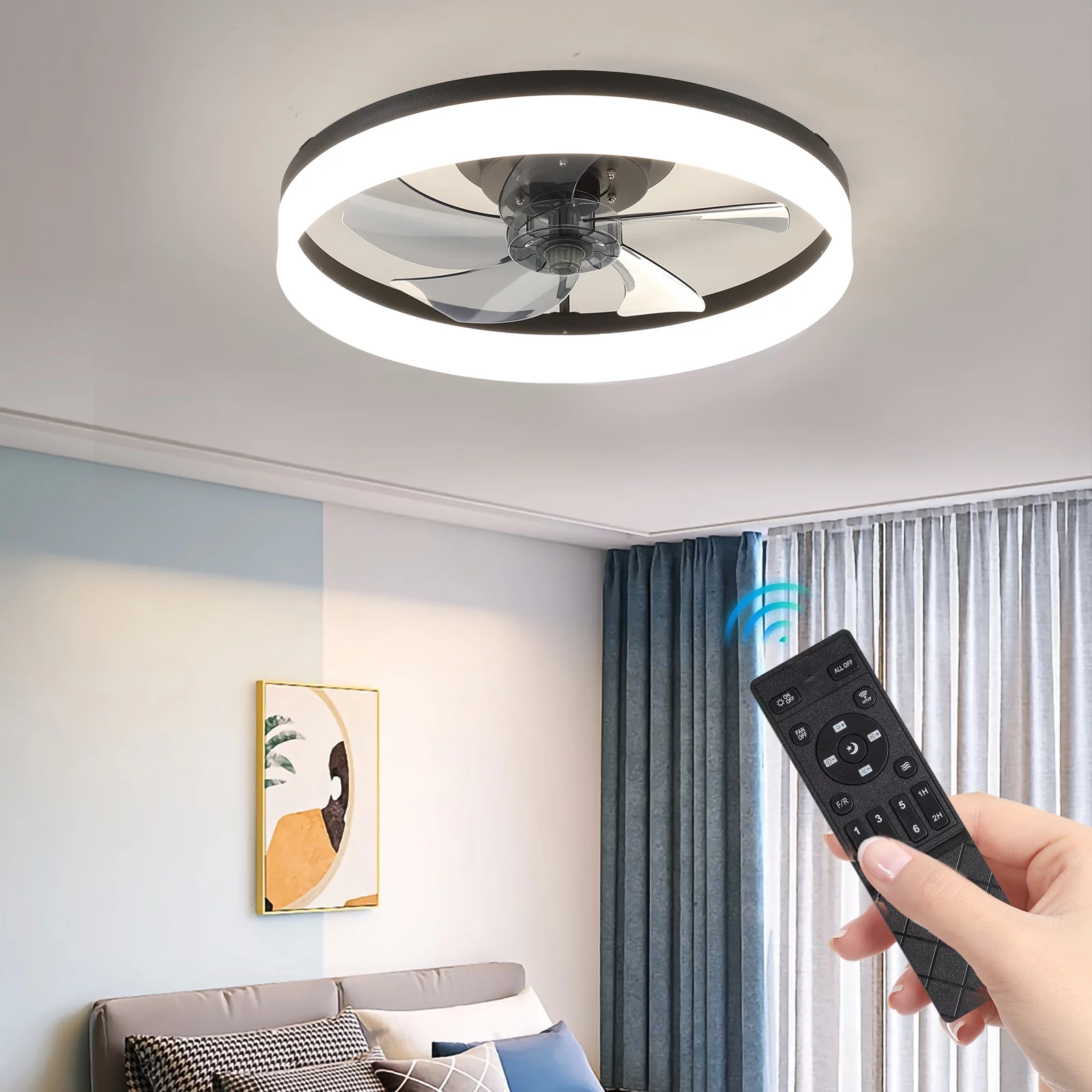 Aukfa 19.7' Bladeless Ceiling Fan with Light - Flush Mount Enclosed Design - Remote Control - Dimmable LED - 3 Light Colors - 6 Speeds