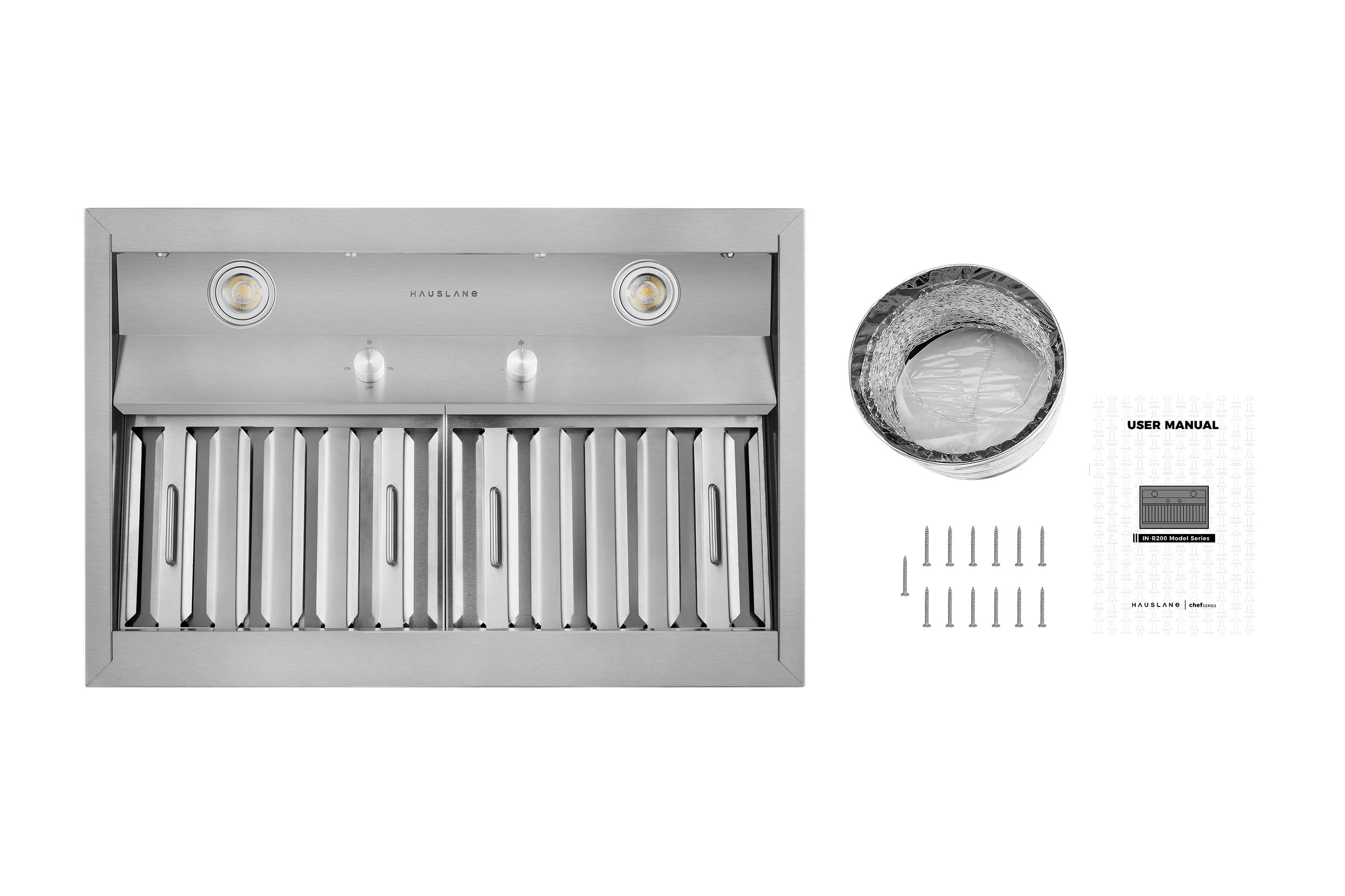 Hauslane | Pro-Style 30�� IN-R200 Built-In Range Hood, 18�� Deep | Low Noise Performance | Contemporary Design, Full-Size Handles, Professional-Grade Baffle Filters & Grease Tray, LED Lamps, Stainless