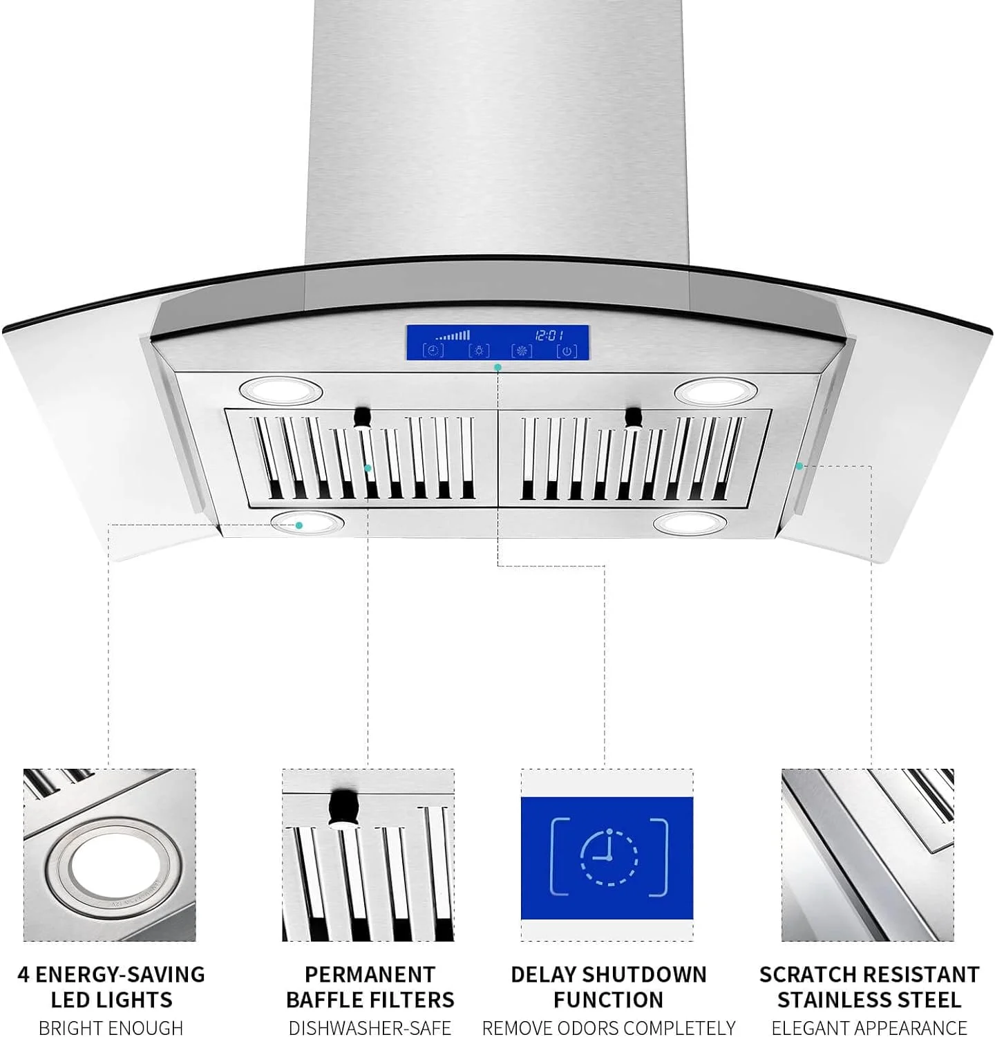 Island Range Hood 30 Inch 700 CFM Ceiling Mount Stainless Steel Kitchen Vent Hood Touch Screen Control Kitchen Exhaust Hood Ducted Ductless Convertible 3-speed Ventilation Fan