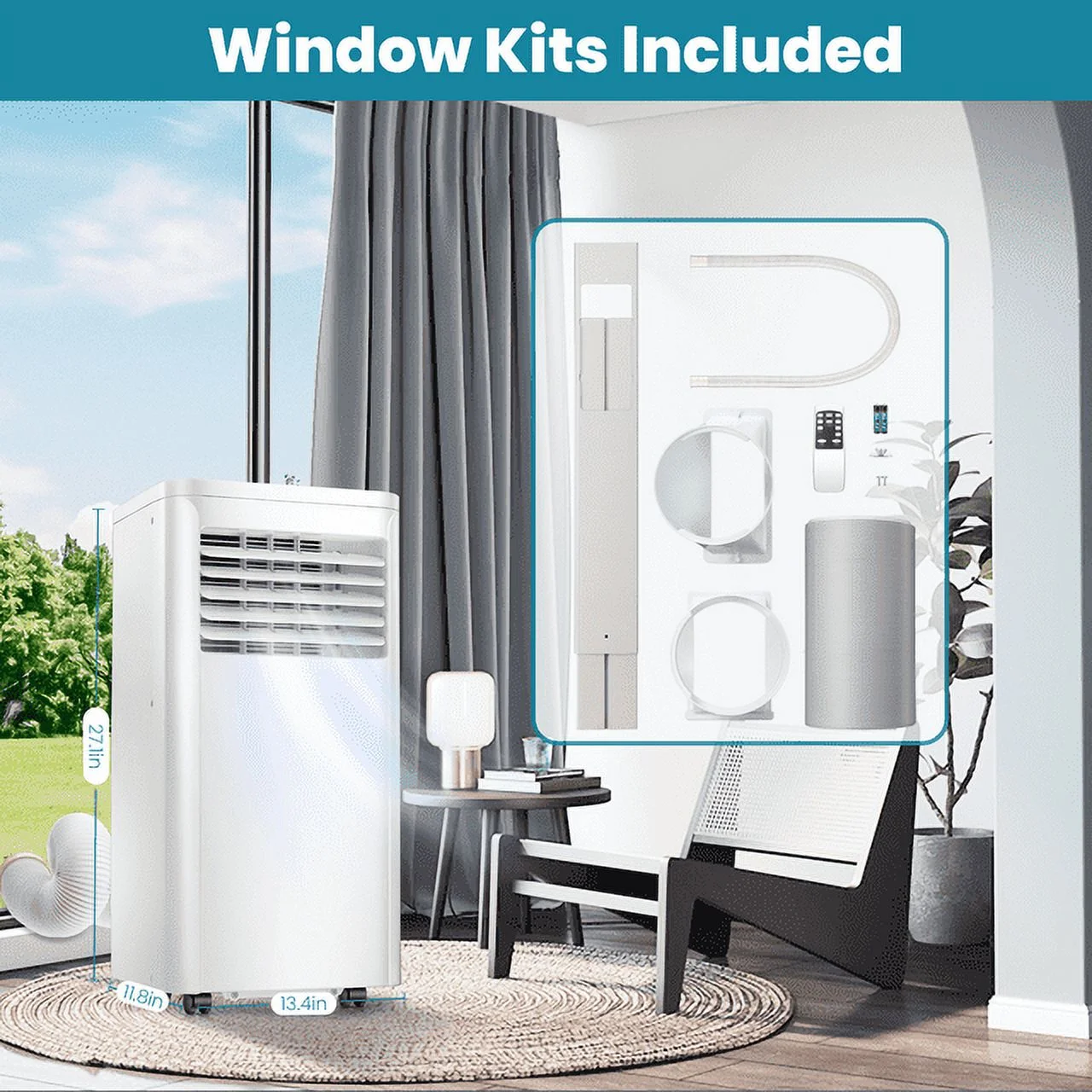 KISSAIR 5,000BTU (8,000 BTU ASHRAE) Portable Air Conditioner, Fan, Dehumidifier, Cools 200sq. ft, 24H Timer, Quiet Operation AC, 2 Fan Speeds for Home/Office/Dorm/Apt-White