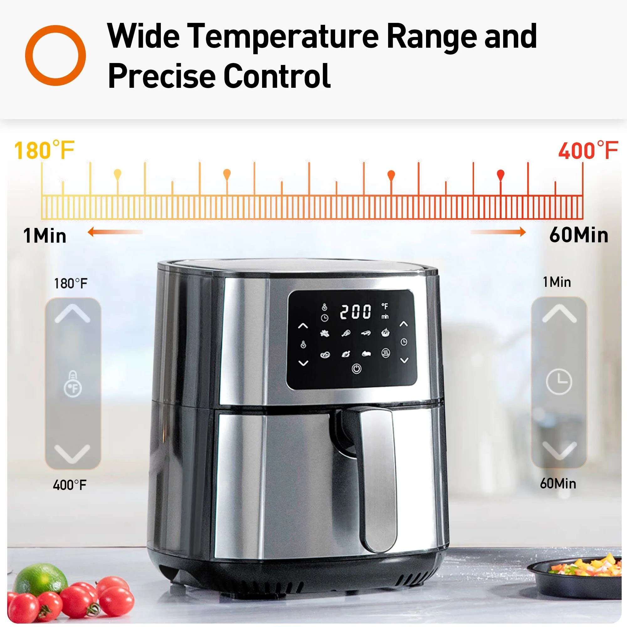 5.8 Quart Stainless Steel Multi Tasker Detachable Double Basket Air Fryer with LED Touchscreen and 8 Built In Smart Programs, Black