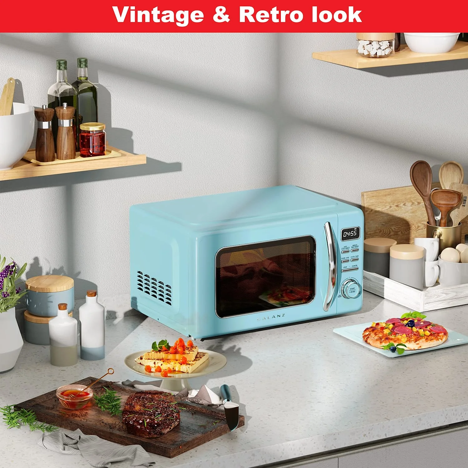 Galanz Retro Countertop Microwave Oven with Auto Cook & Reheat, Defrost, Quick Start Functions, Easy Clean with Glass Turntable, Pull Handle, .7 cu ft, Blue