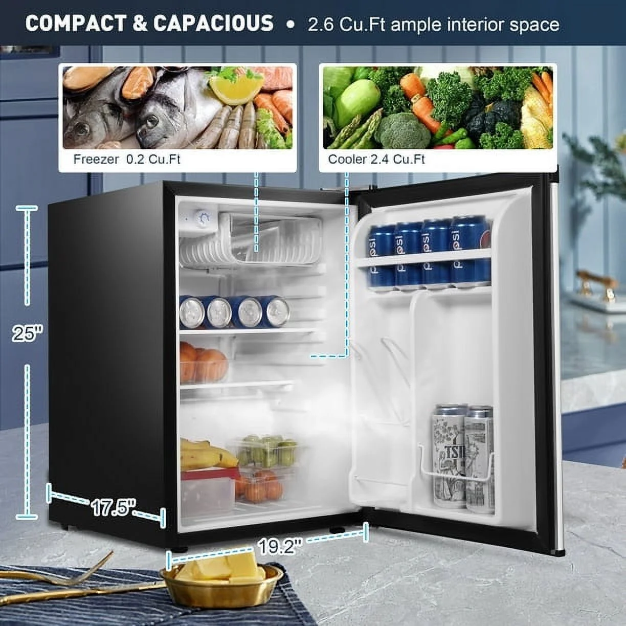 2.6 Cu.ft. Mini Fridge with Freezer, Single Door Compact Refrigerator/Freezer with 7-Level Adjustable Thermostat,Small Refrigerator for Apartment, Office, Dorm