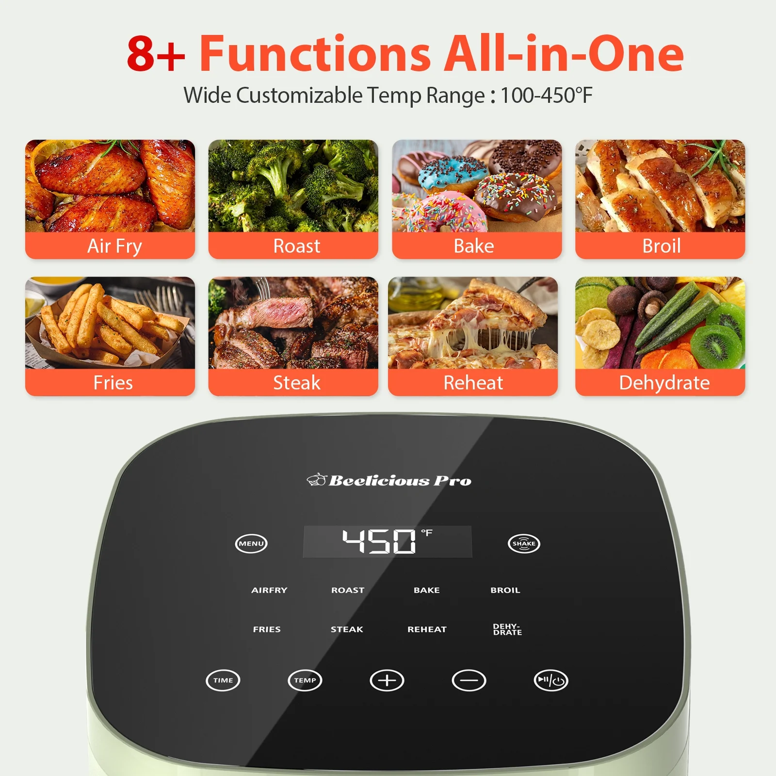 Air Fryer, Beelicious? 8-in-1 Smart Compact 4QT Air Fryers with Shake Reminder, 450��F Digital Airfryer with Flavor-Lock Tech, Tempered Glass Disaplay, Dishwahser-Safe&Nonstick,Fit for 2-4 People,Green