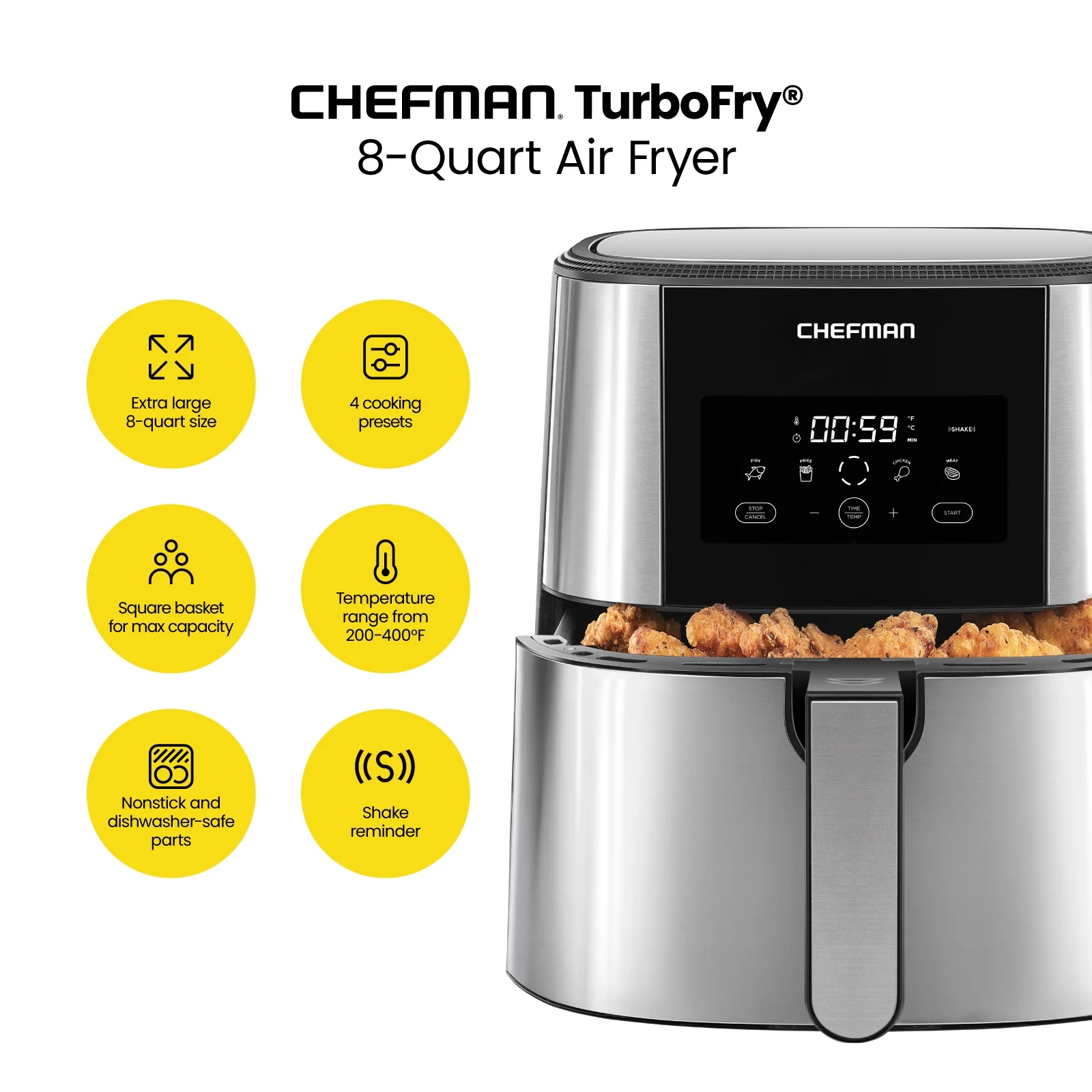 Chefman Turbofry Air Fryer w/ Digital Controls, 8 Qt Capacity - Stainless Steel, New
