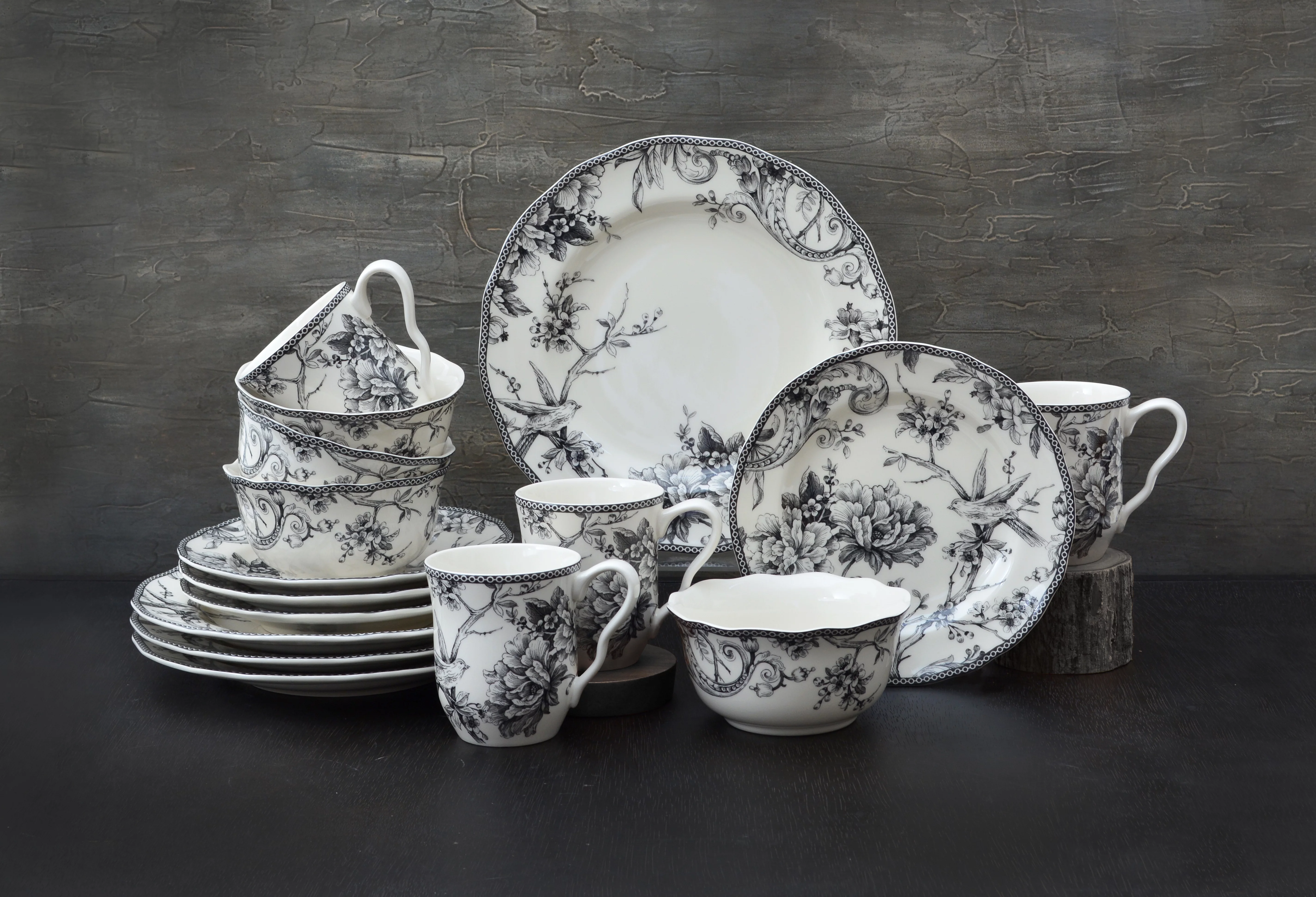 222 Fifth Adelaide Round Porcelain Dinnerware Set, 16-piece, Black Toile