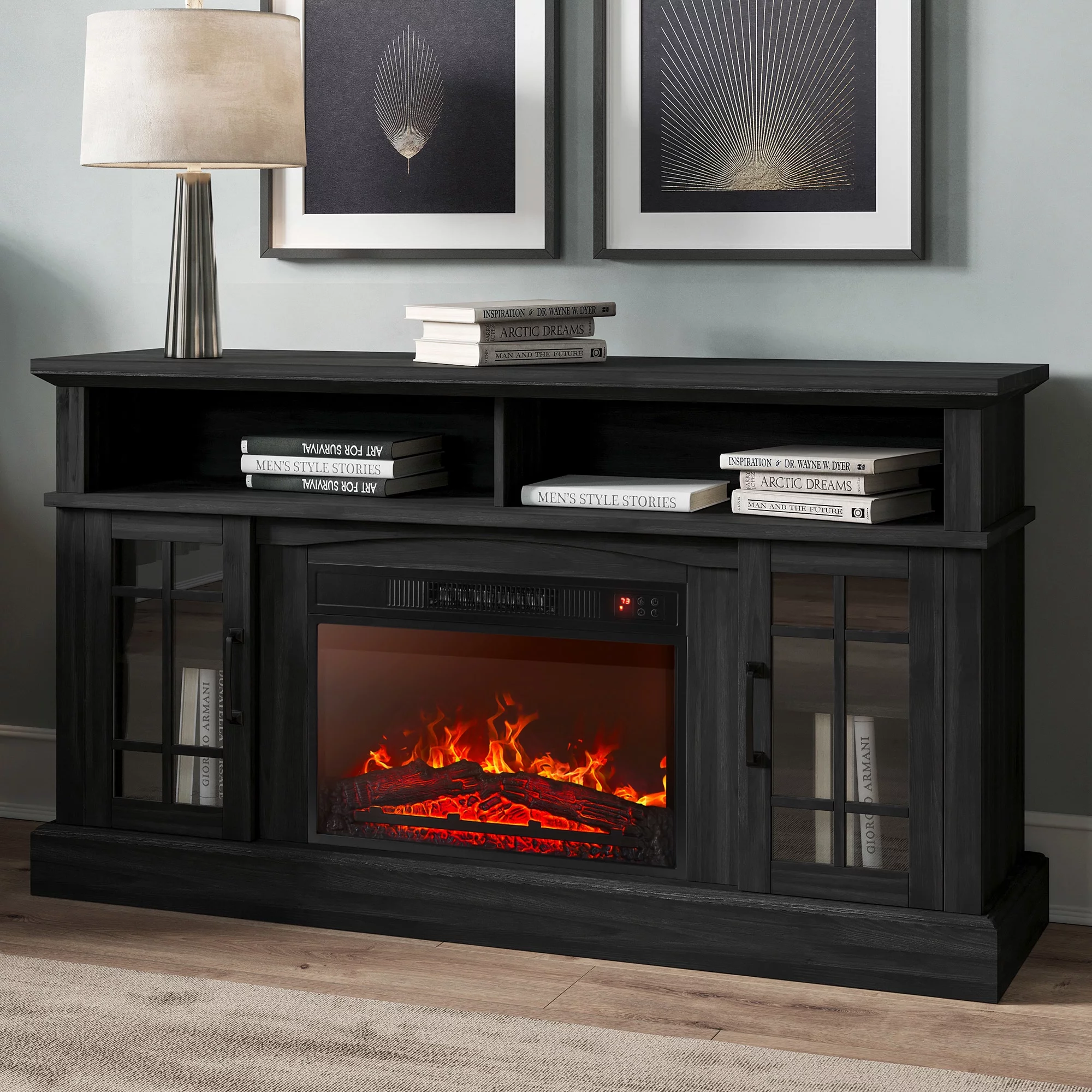 BELLEZE 58' TV Stand with 23' Electric Fireplace, Fireplace TV Console for TV up to 65 Inch, Home Entertainment Center with Storage Cabinet & Adjustable Shelves - Astorga (Rustic Grey)