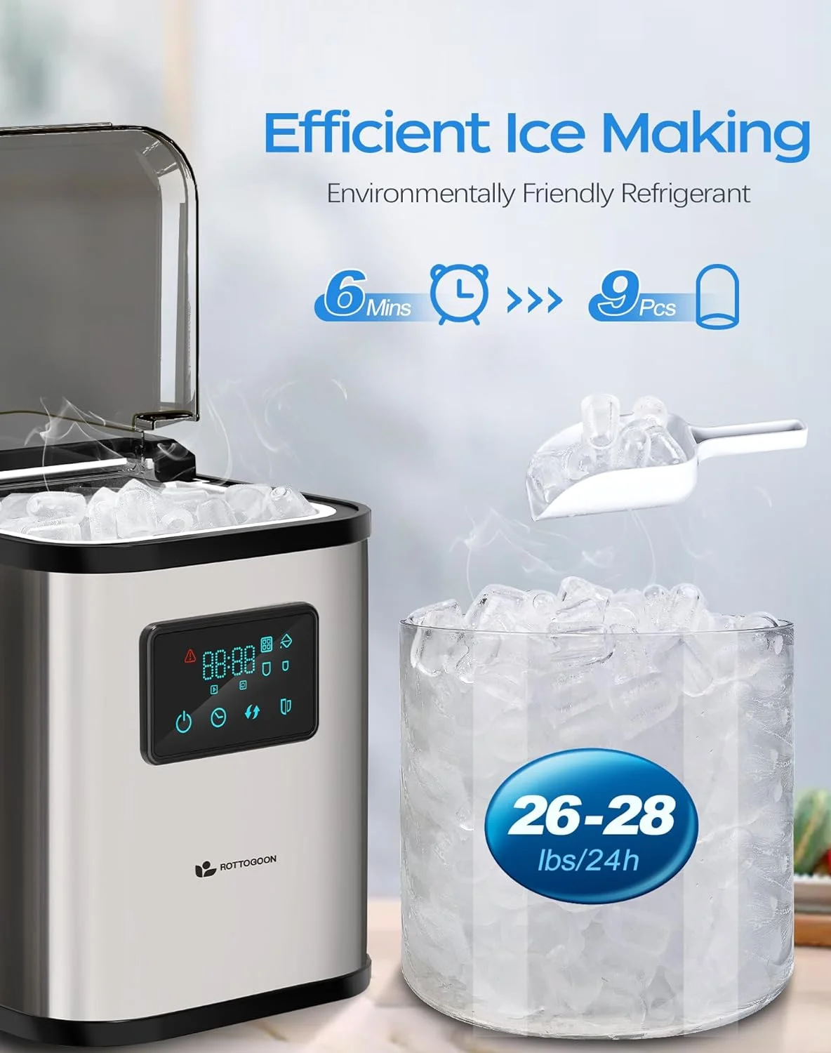 Ice Maker Countertop, Portable Ice Maker Machine, 28lbs/24Hrs, 6 Mins/9 Pcs Bullet Ice, Mini Ice Maker with Self Cleaning, Time Reservation Function, LED Display, Include Scoop & Basket, Stainless