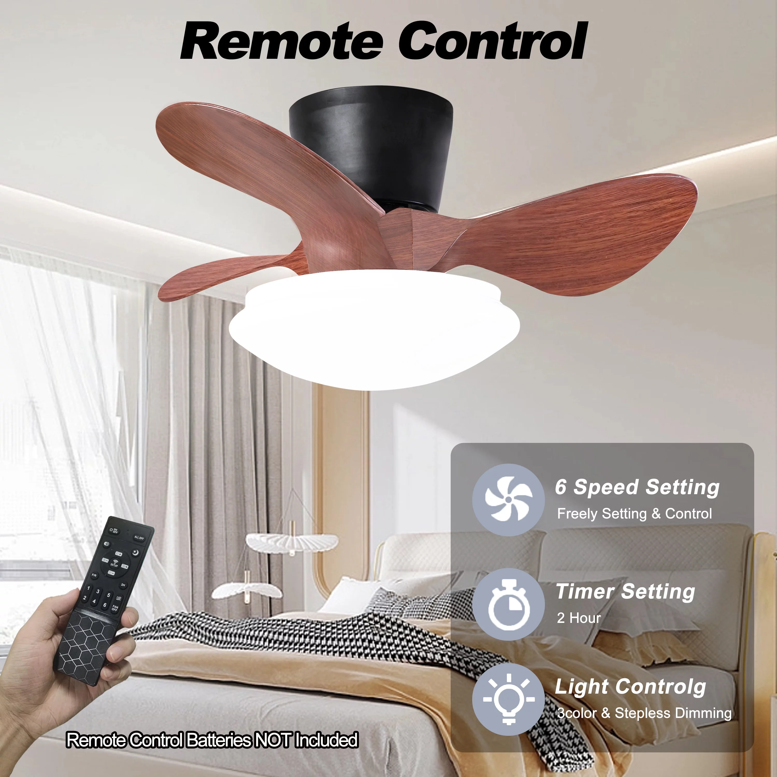 Greenpod 24 in Ceiling Fans with Lights and APP/Remote Control, Low Profile Ceiling Fans with 3 Reverse Blades 3 Colors Dimmable 6 Speeds for Living Room Bedroom Kitchen, Walnut