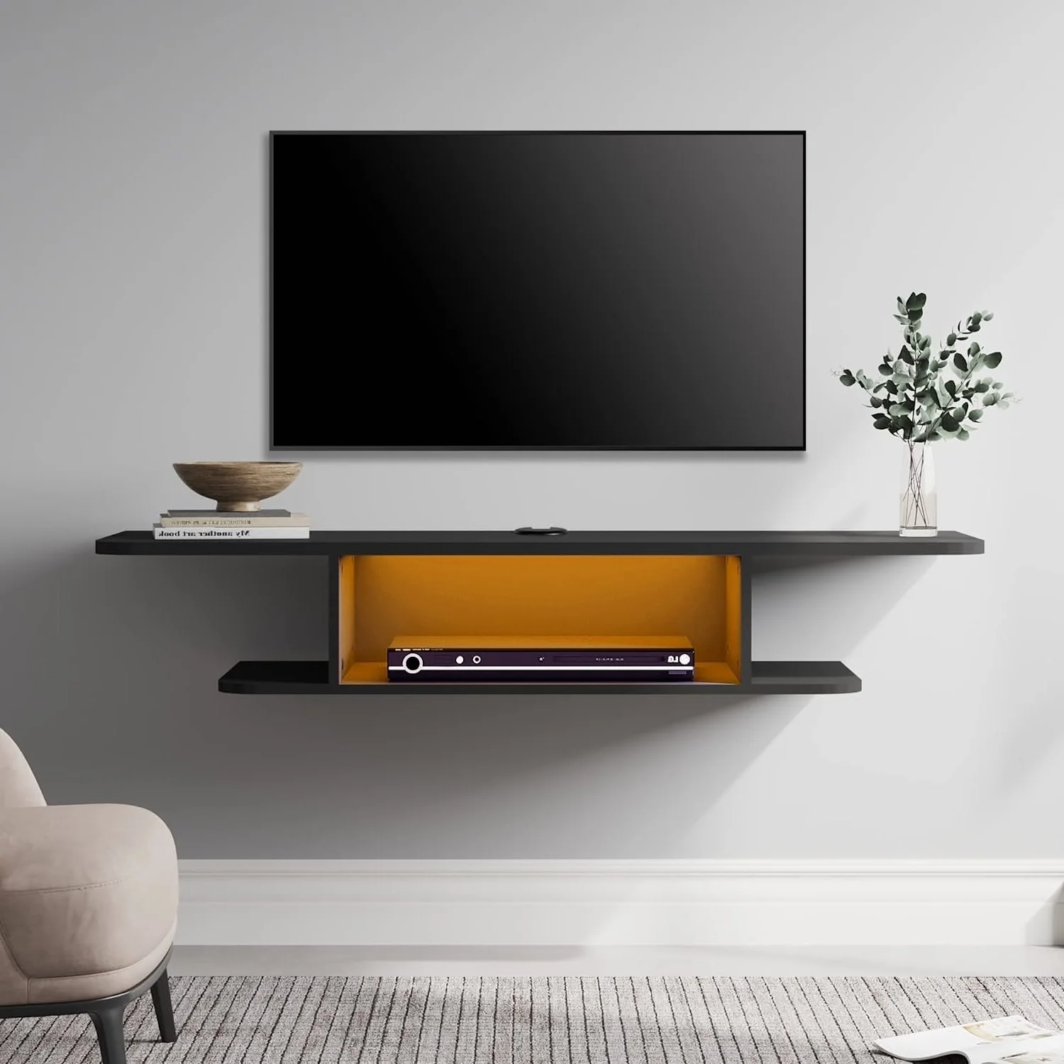 Black Floating Entertainment Center for 55 inch TV, Wall Mount Cabinet under TV with LED Light