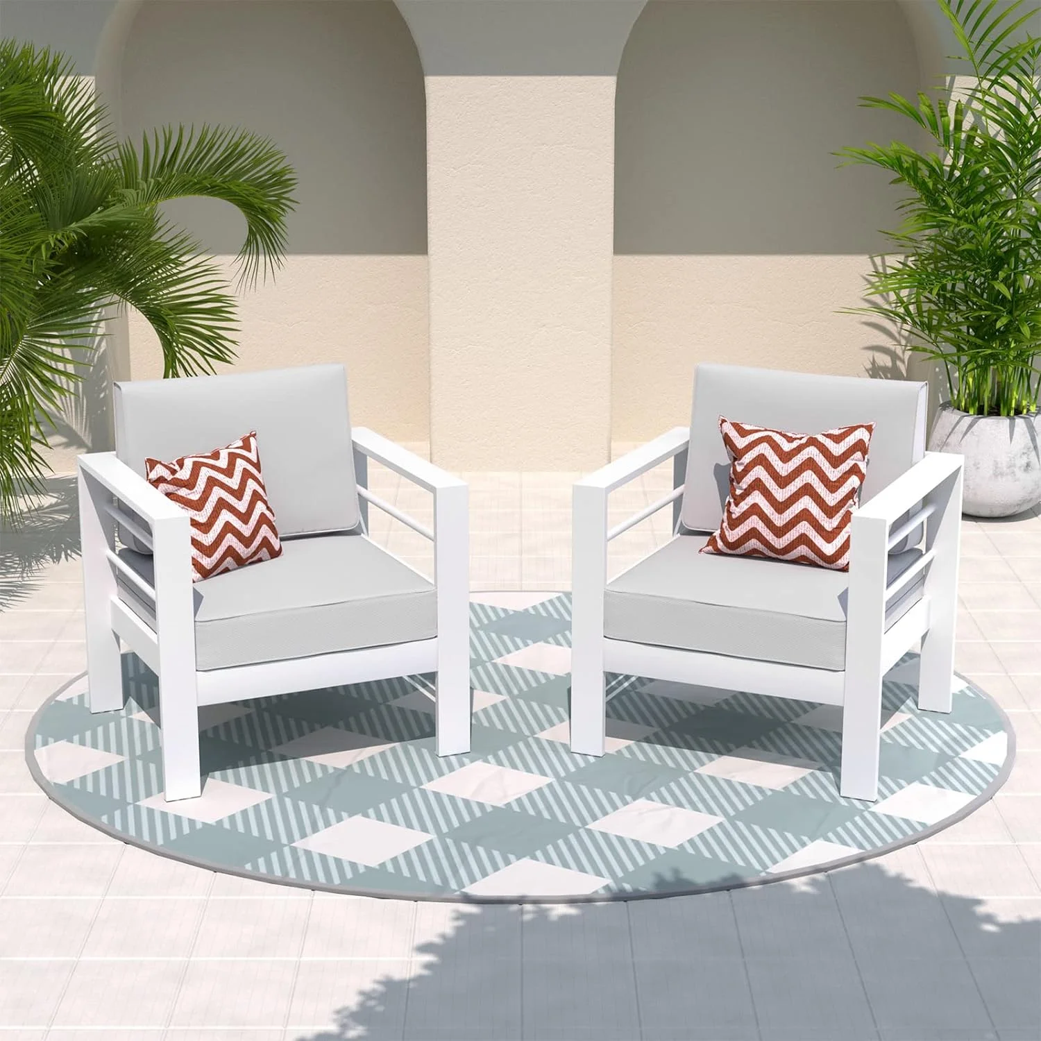 ELPOSUN Oversized Aluminum Patio Armchair, 2 PCS All-Weather Outdoor Modern Metal Single Sofa Chair w/ 5 Inch Cushions, White and Light Grey (Include 2 Waterproof Sofa Covers)
