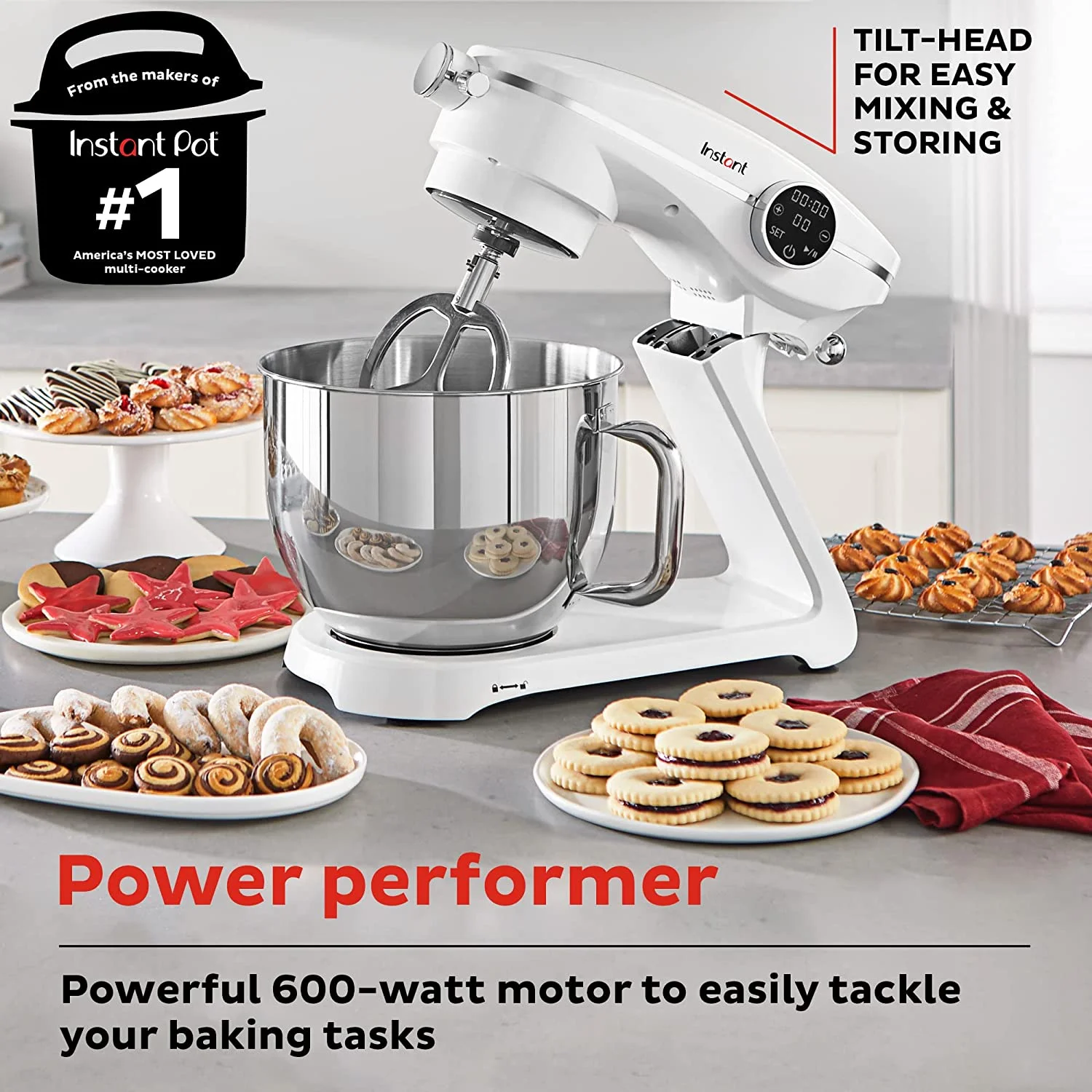 Instant 7.4 qt Stand Mixer Pro, 600W 10-Speed with Digital Interface and Dishwasher Safe Accessories, Pearl White