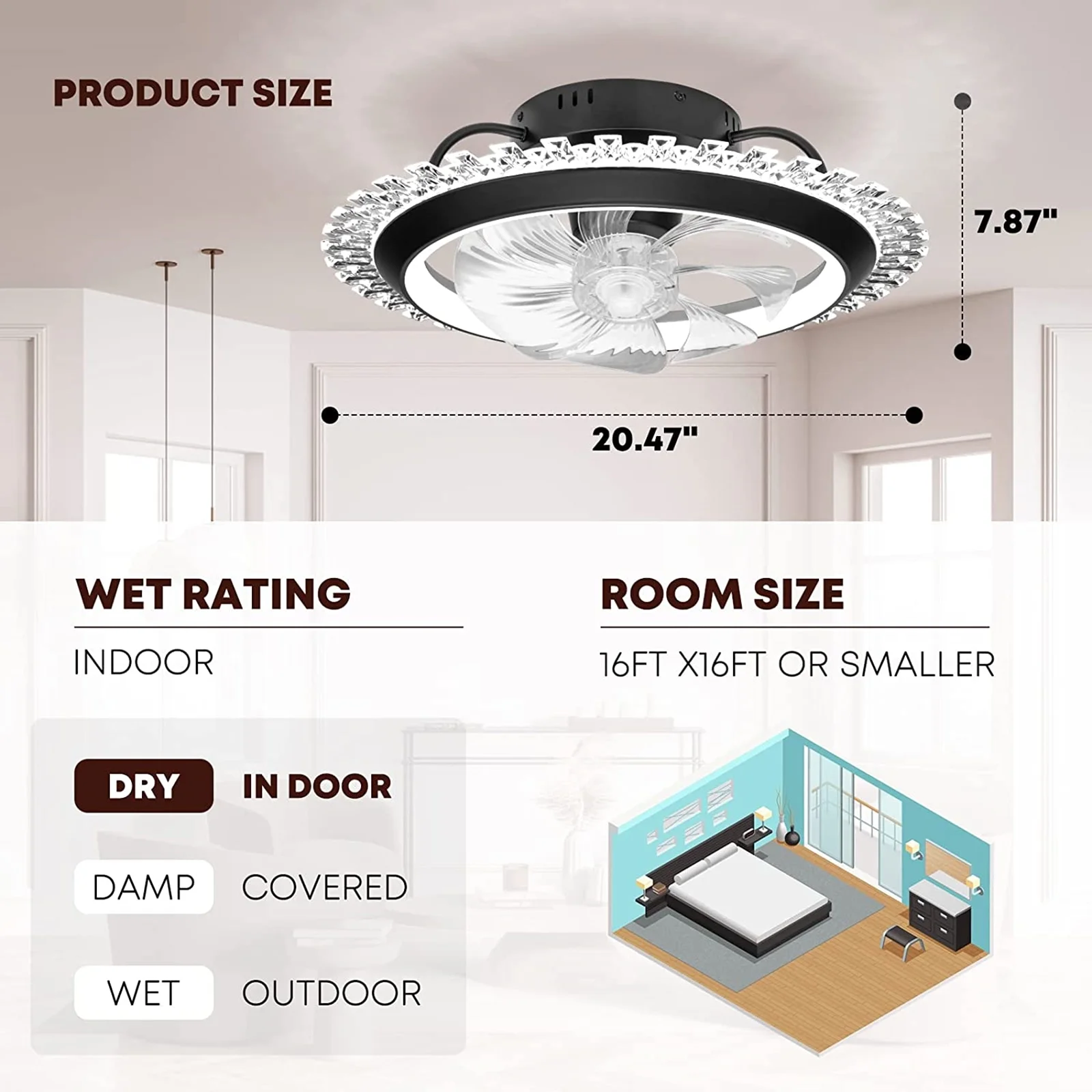 21' Ceiling Fan with Light and Remote / APP Control, Oscillating Low Profile Ceiling Fan Flush Mount Bladeless Ceiling Fan Light for Bedroom Dining room, Dimmable Color Temperature 6 Wind Speeds