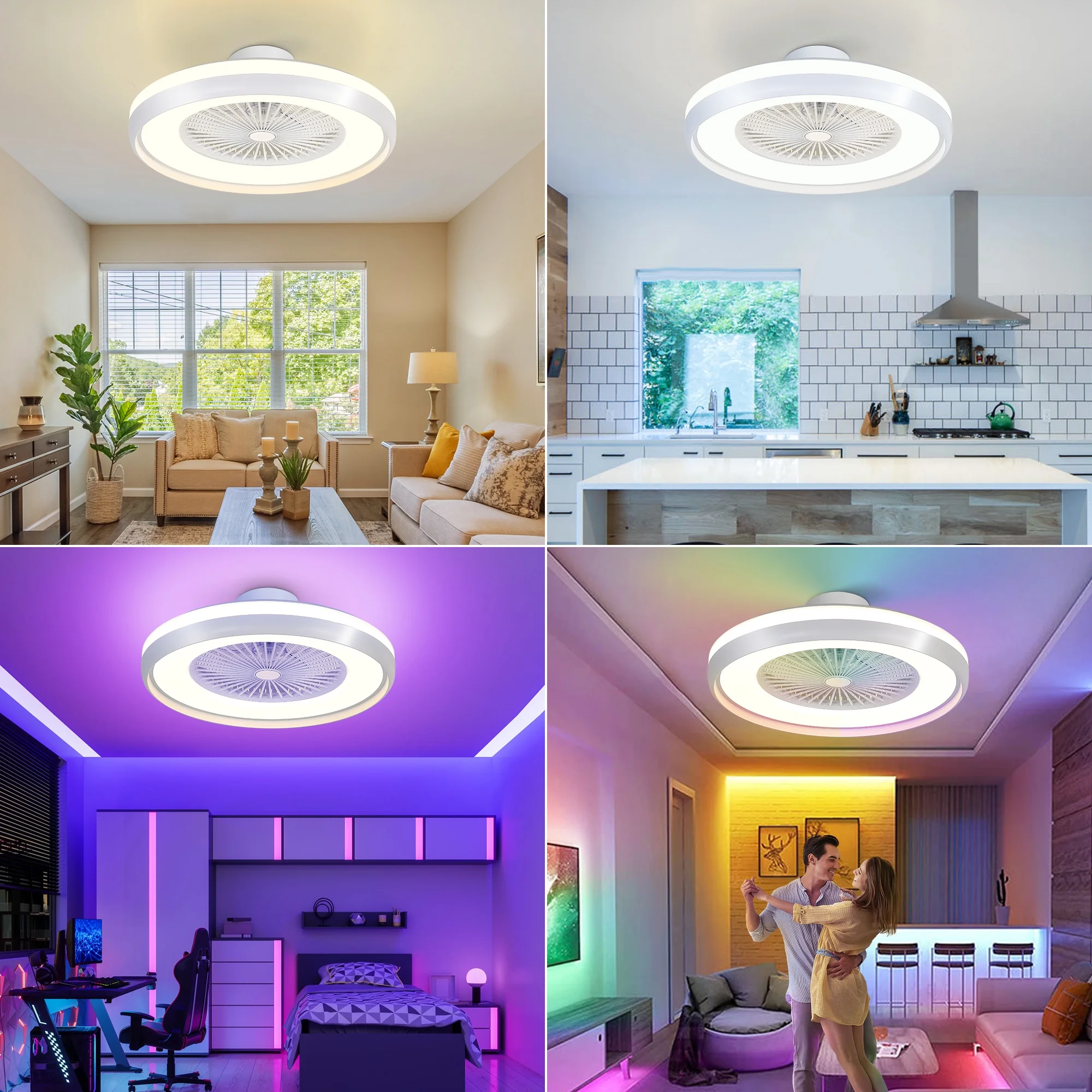 24'' Ceiling Fan with 3 Colors Dimmable and RGB Light, Alexa/Google Assistant/App/Remote Control