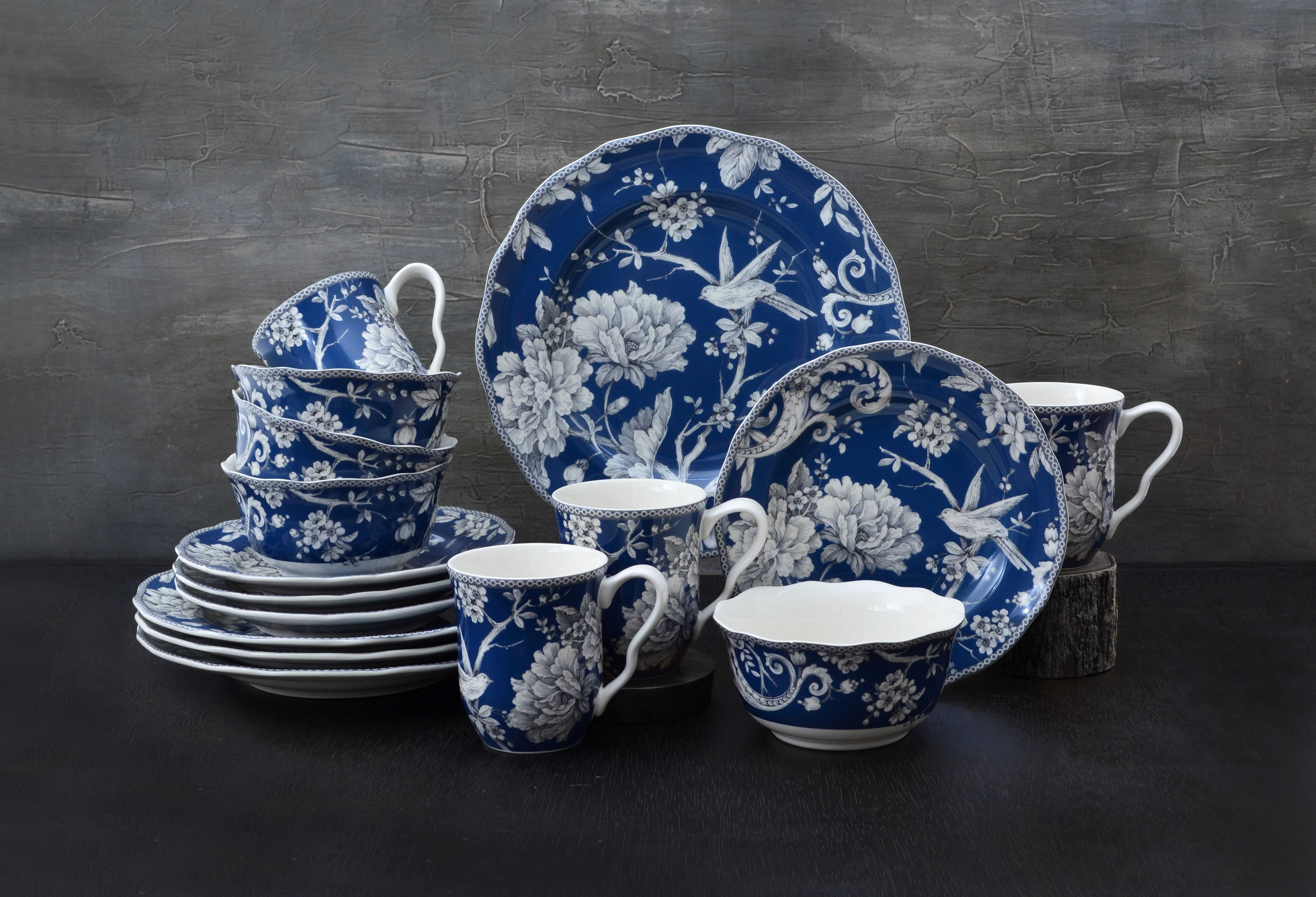 222 Fifth Adelaide Round Porcelain Dinnerware Collection, 16-Piece Set, Dark Blue Toile