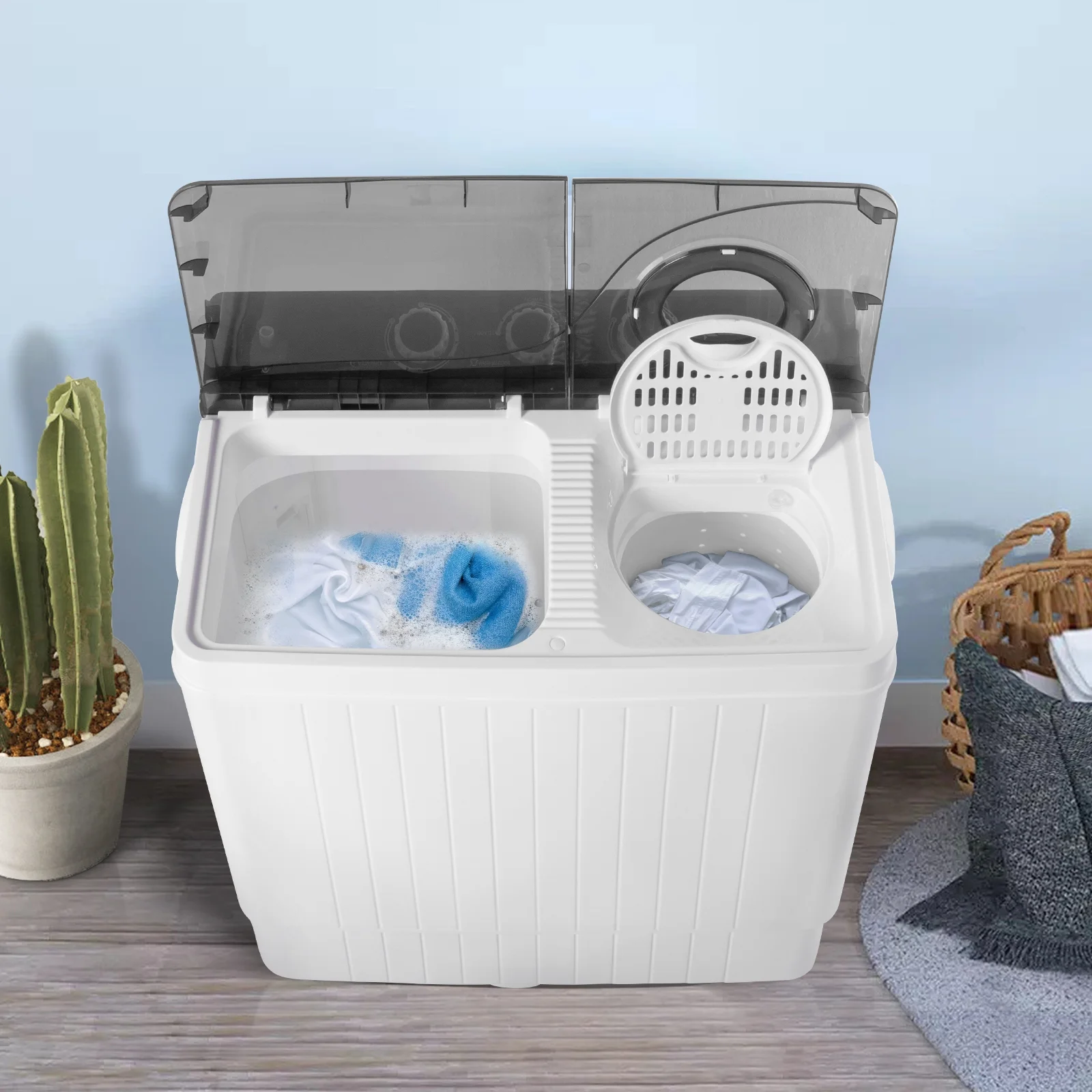 iRerts Clothes Washing Machine, 26 Lbs Portable Washing Machine, Semi-automatic Twin Tube Washer Machine, Compact Laundry Washer for Dorms Camping Apartment RVs, Built-in Drain Pump, White/Black