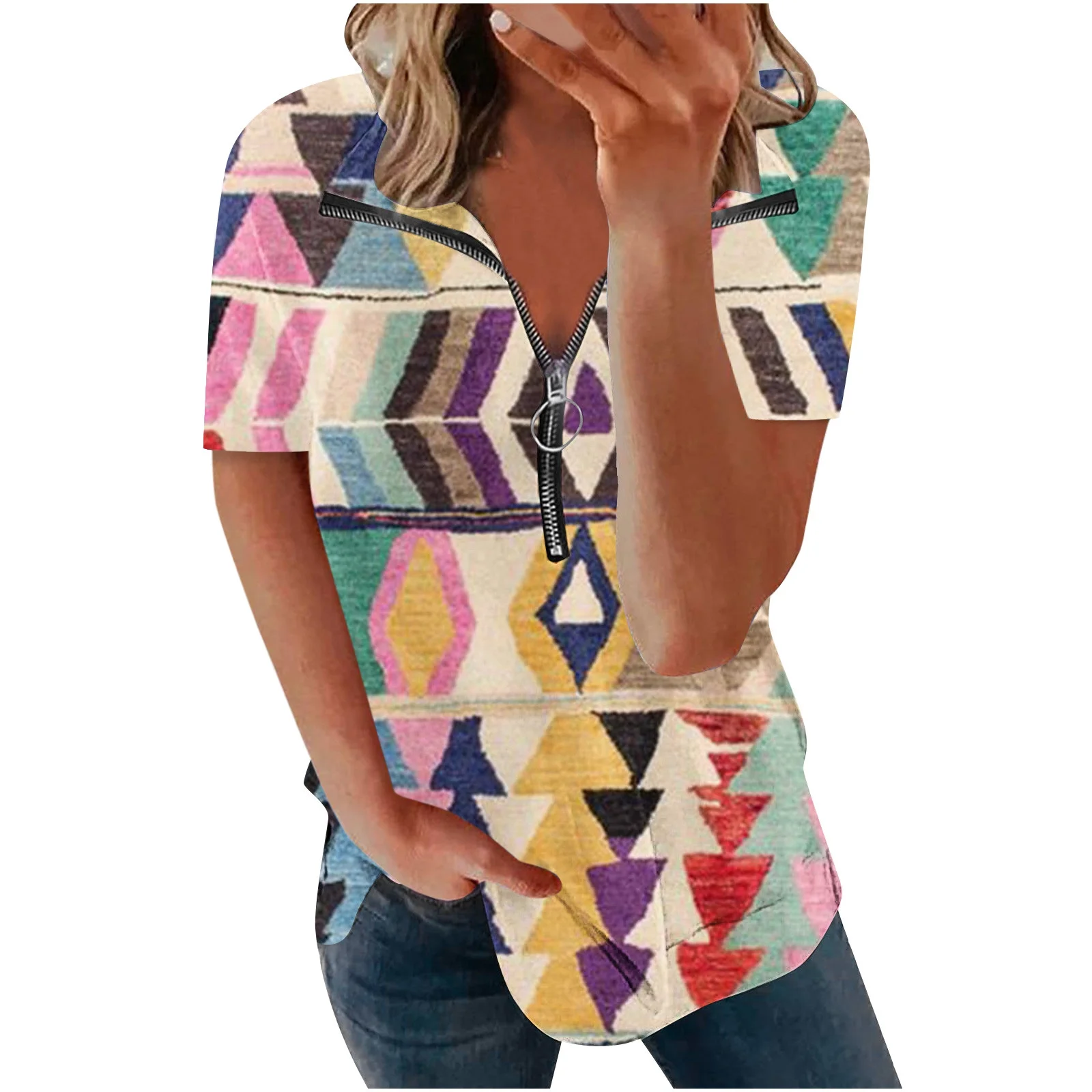 Women's Casual Loose Tunic Tees Clearance Dressy Zip up Collared V Neck T Shirt Short Sleeve Western Shirts Gradient Color Tees Summer Tops Woman Vintage Lady Yellow XL