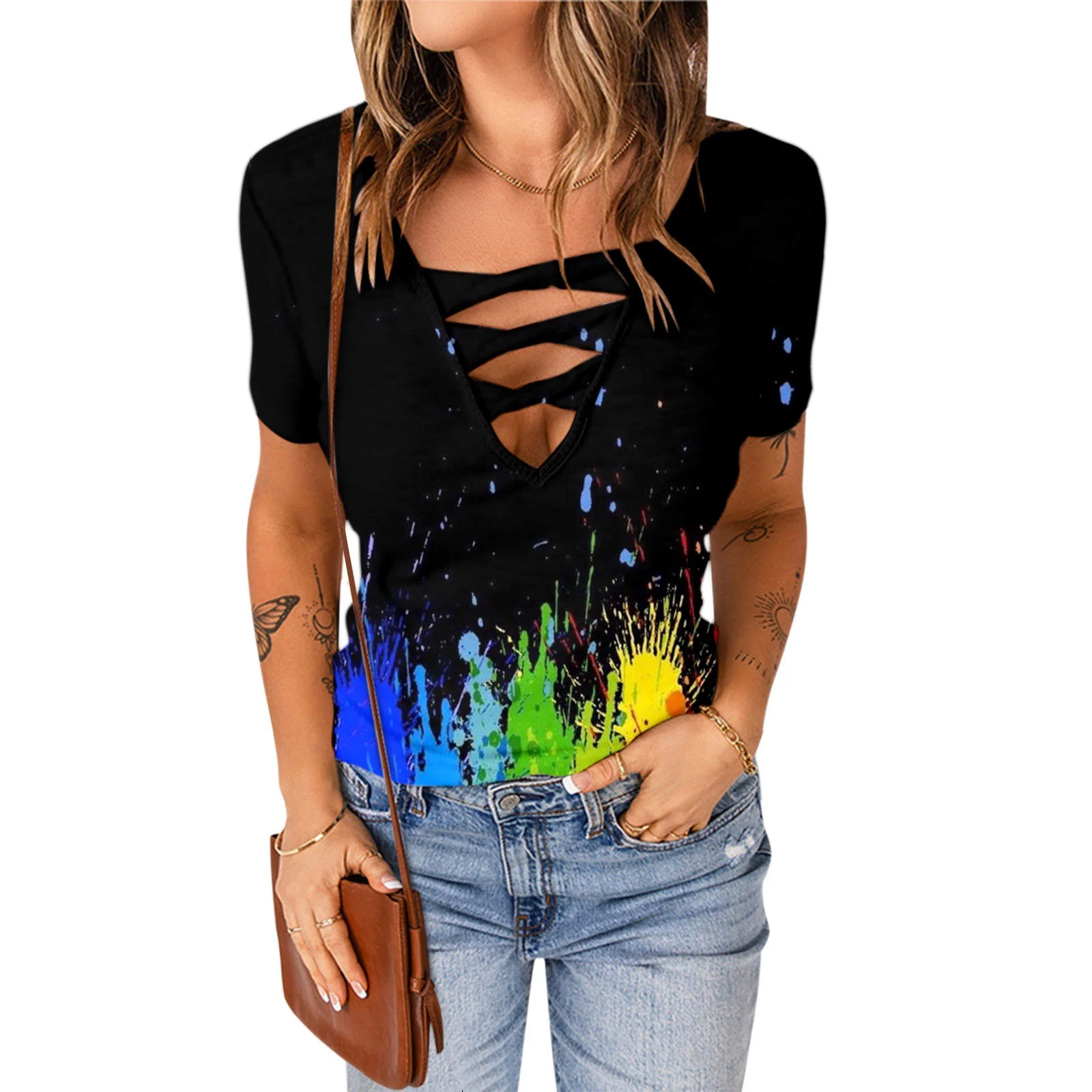 BYOIMUD Clothing Clearance Under 5 Summer Tie Dye Blouse for Women Leisure Gradient Loose Tshirts Sexy Deep V Neck Blouse Cut Out Workout Comfy Tunic Pullover Black