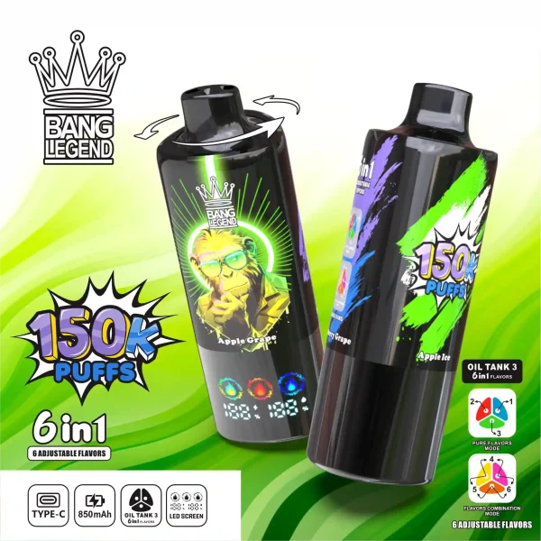 Bang Legend 150K Puff 150000 6 Flavor In 1 Disposable Vape with LED Display