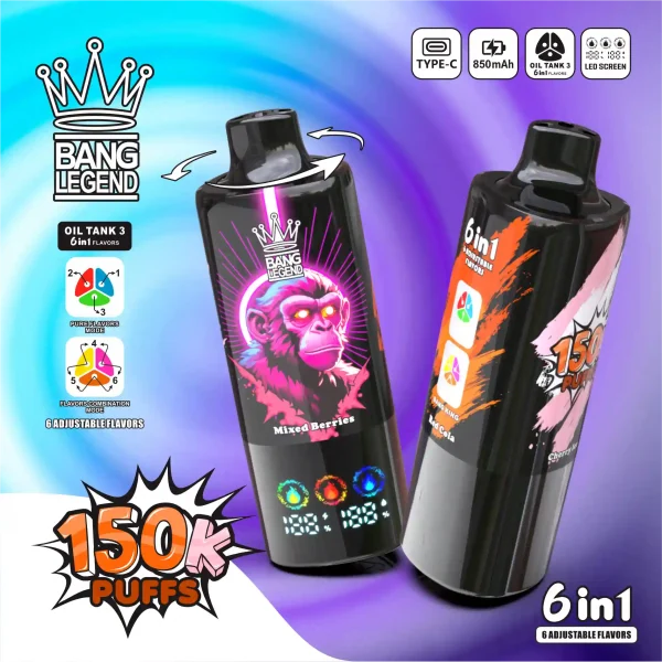 Bang Legend 150K Puff 150000 6 Flavor In 1 Disposable Vape with LED Display