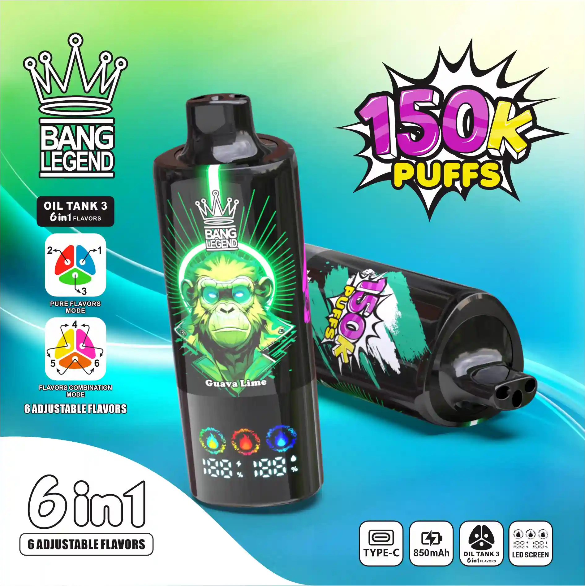 Bang Legend 150K Puff 150000 6 Flavor In 1 Disposable Vape with LED Display