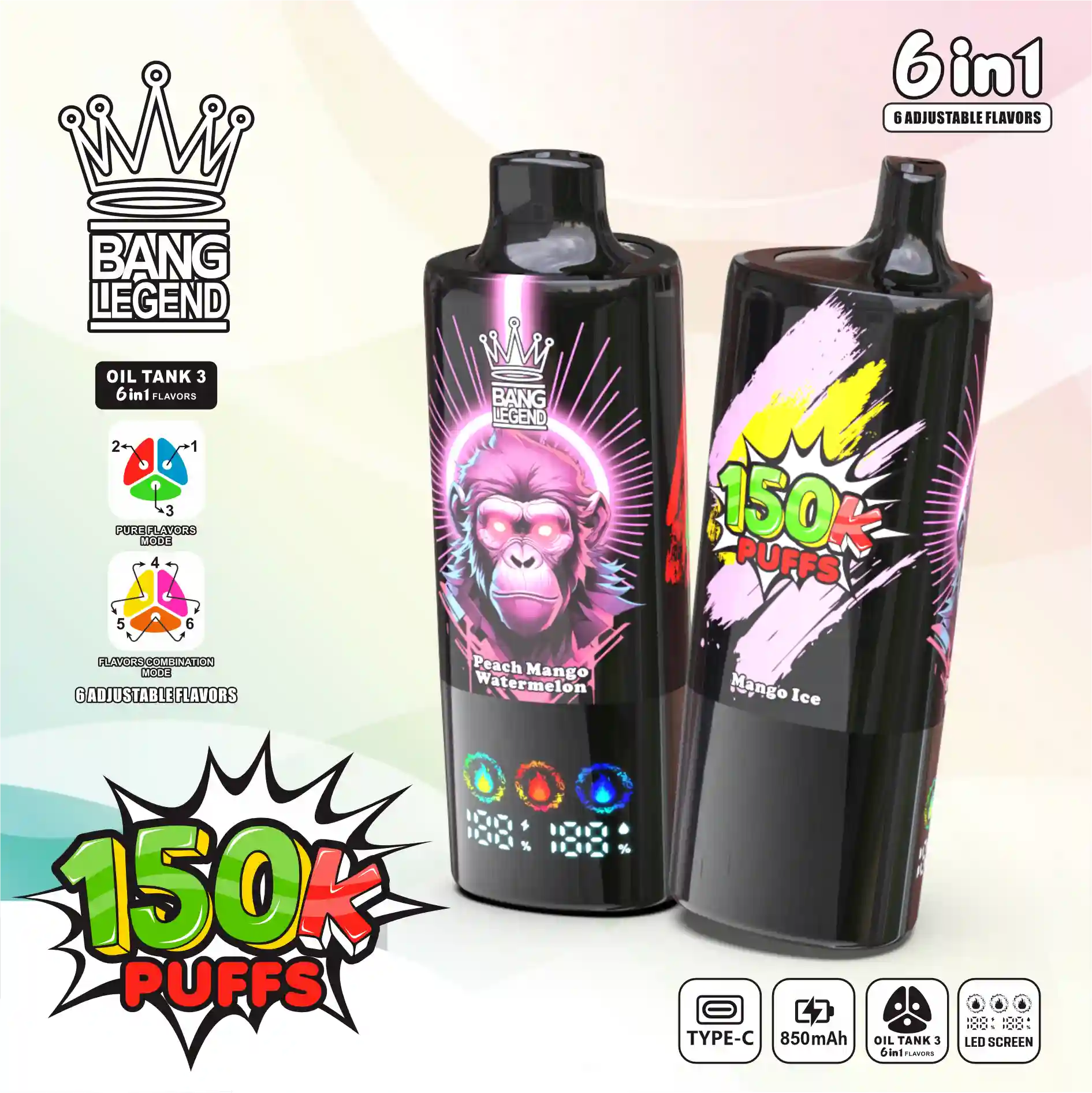 Bang Legend 150K Puff 150000 6 Flavor In 1 Disposable Vape with LED Display