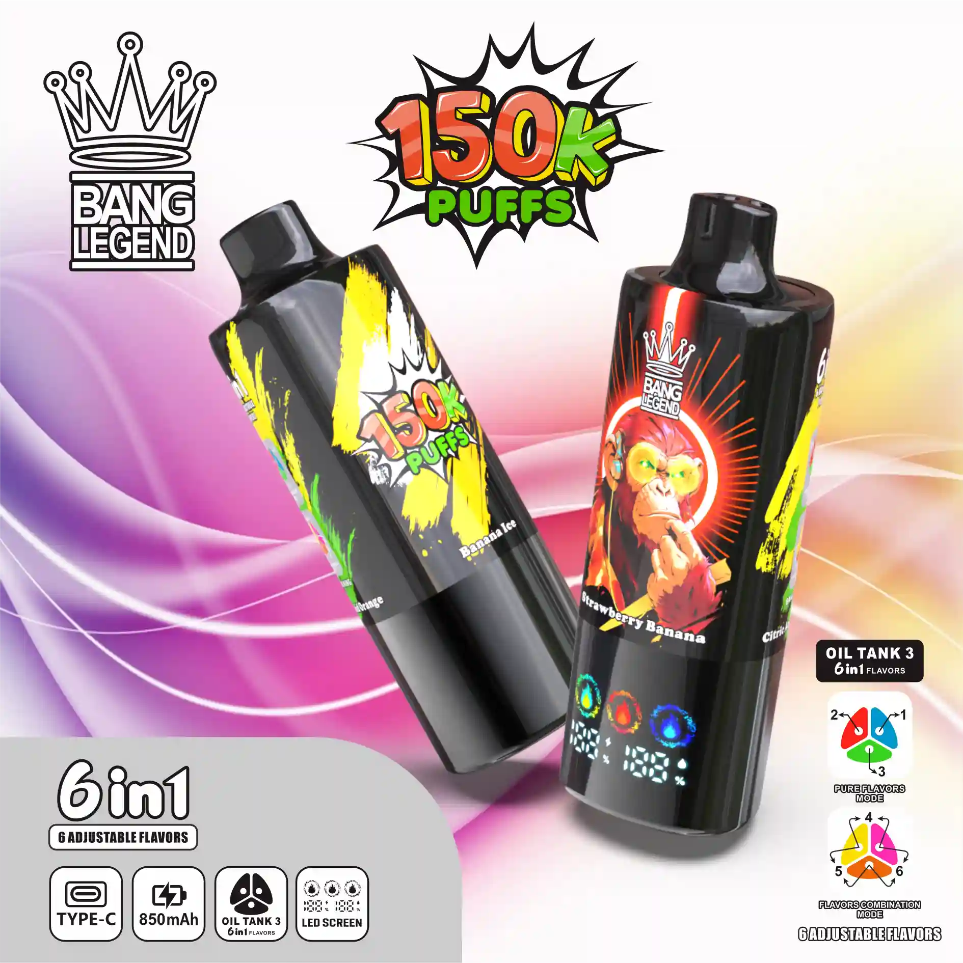Bang Legend 150K Puff 150000 6 Flavor In 1 Disposable Vape with LED Display