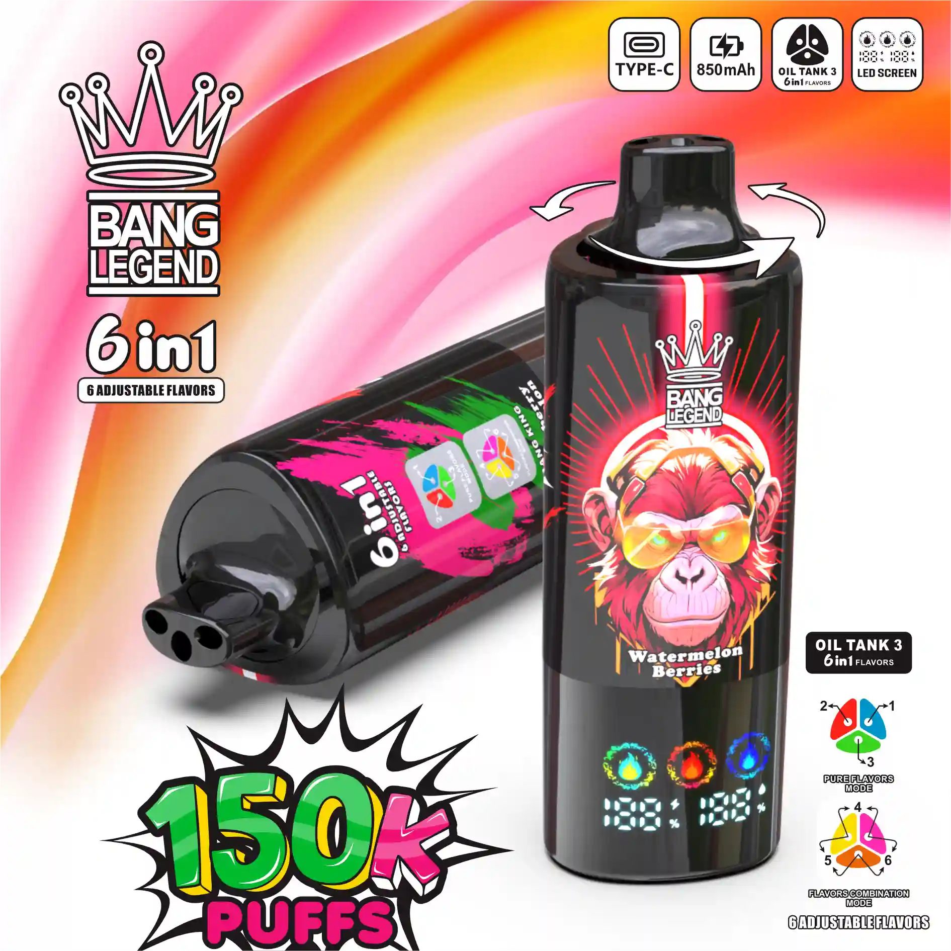 Bang Legend 150K Puff 150000 6 Flavor In 1 Disposable Vape with LED Display