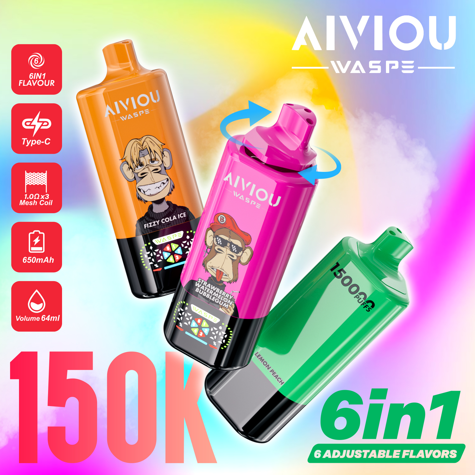 EU Warehouse WASPE Aiviou 6 in 1 150k Puffs 150000 Disposable Vape With LED Display Screen
