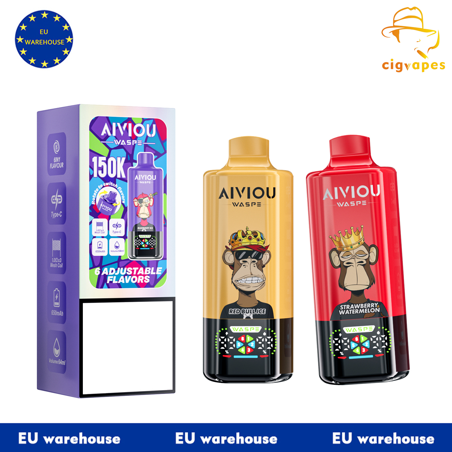 EU Warehouse WASPE Aiviou 6 in 1 150k Puffs 150000 Disposable Vape With LED Display Screen