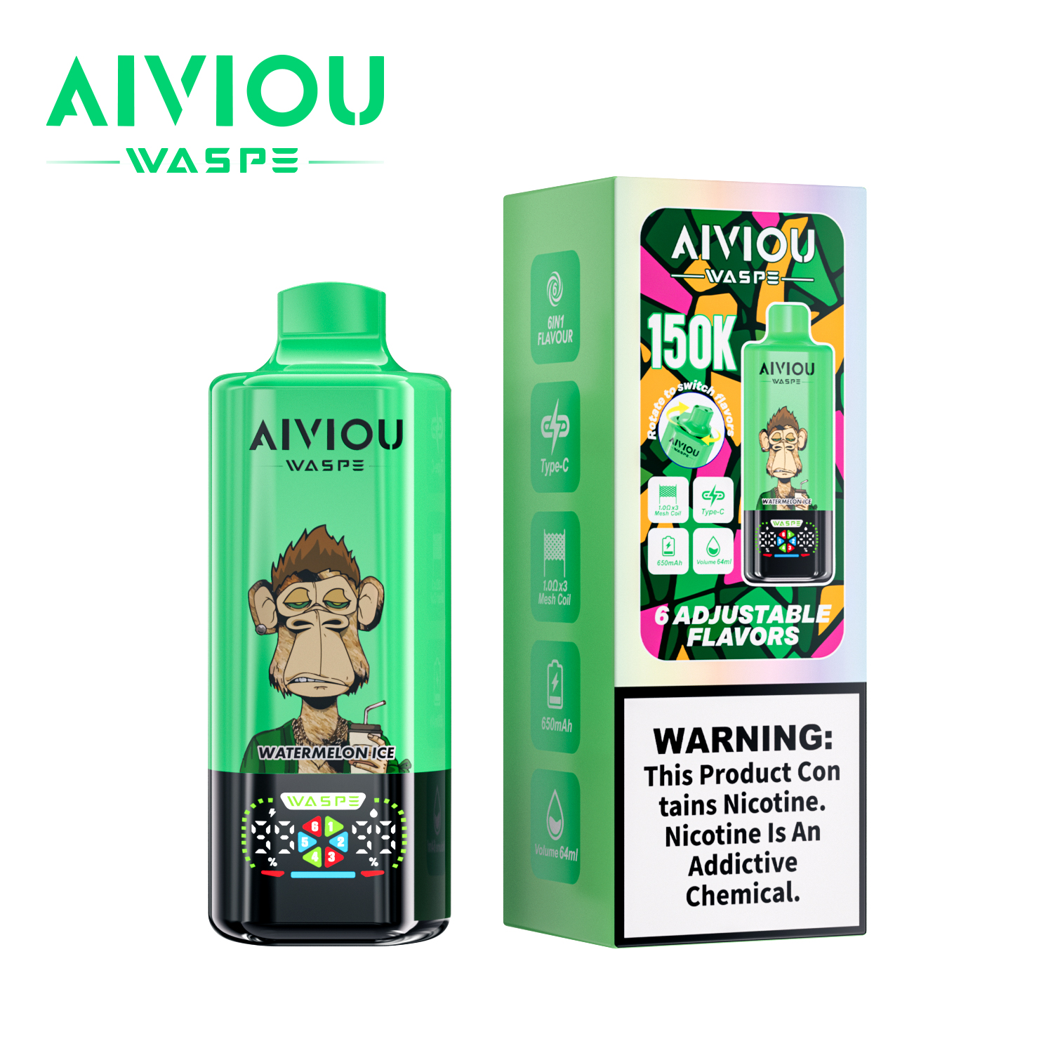 EU Warehouse WASPE Aiviou 6 in 1 150k Puffs 150000 Disposable Vape With LED Display Screen