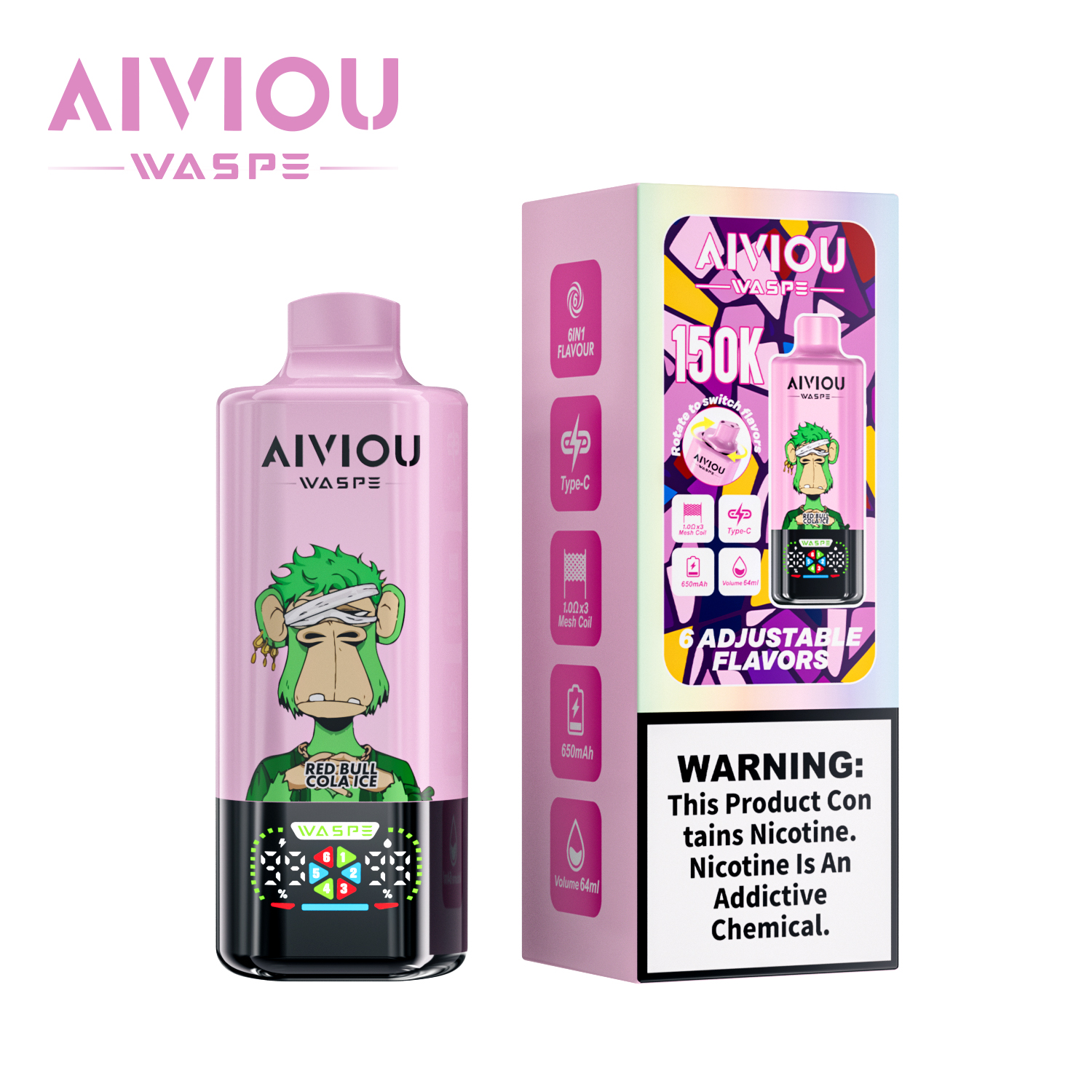 EU Warehouse WASPE Aiviou 6 in 1 150k Puffs 150000 Disposable Vape With LED Display Screen