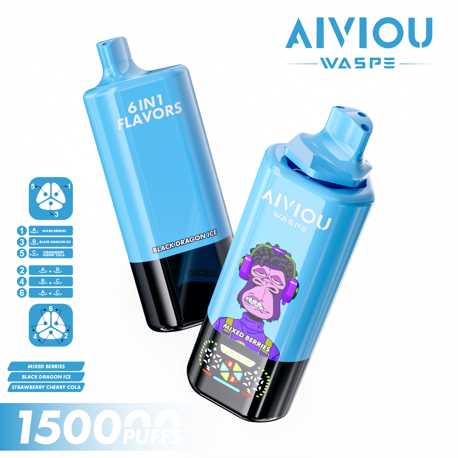 EU Warehouse WASPE Aiviou 6 in 1 150k Puffs 150000 Disposable Vape With LED Display Screen